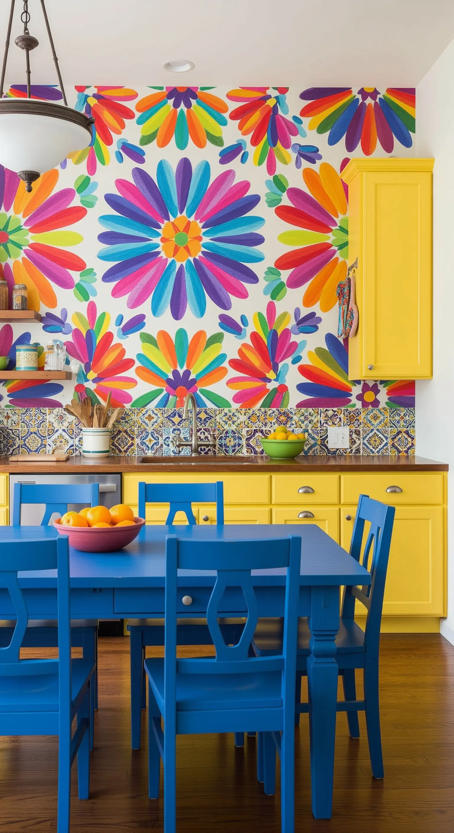 Cucina colorata con carta da parati folk, mobili gialli e tavolo blu elettrico.