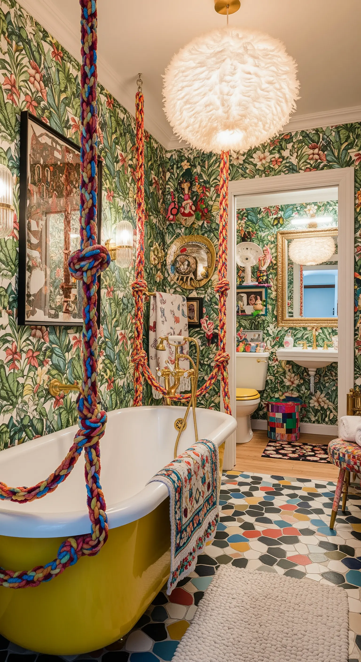Vasca gialla sospesa con corde intrecciate colorate in un bagno massimalista con carta da parati.