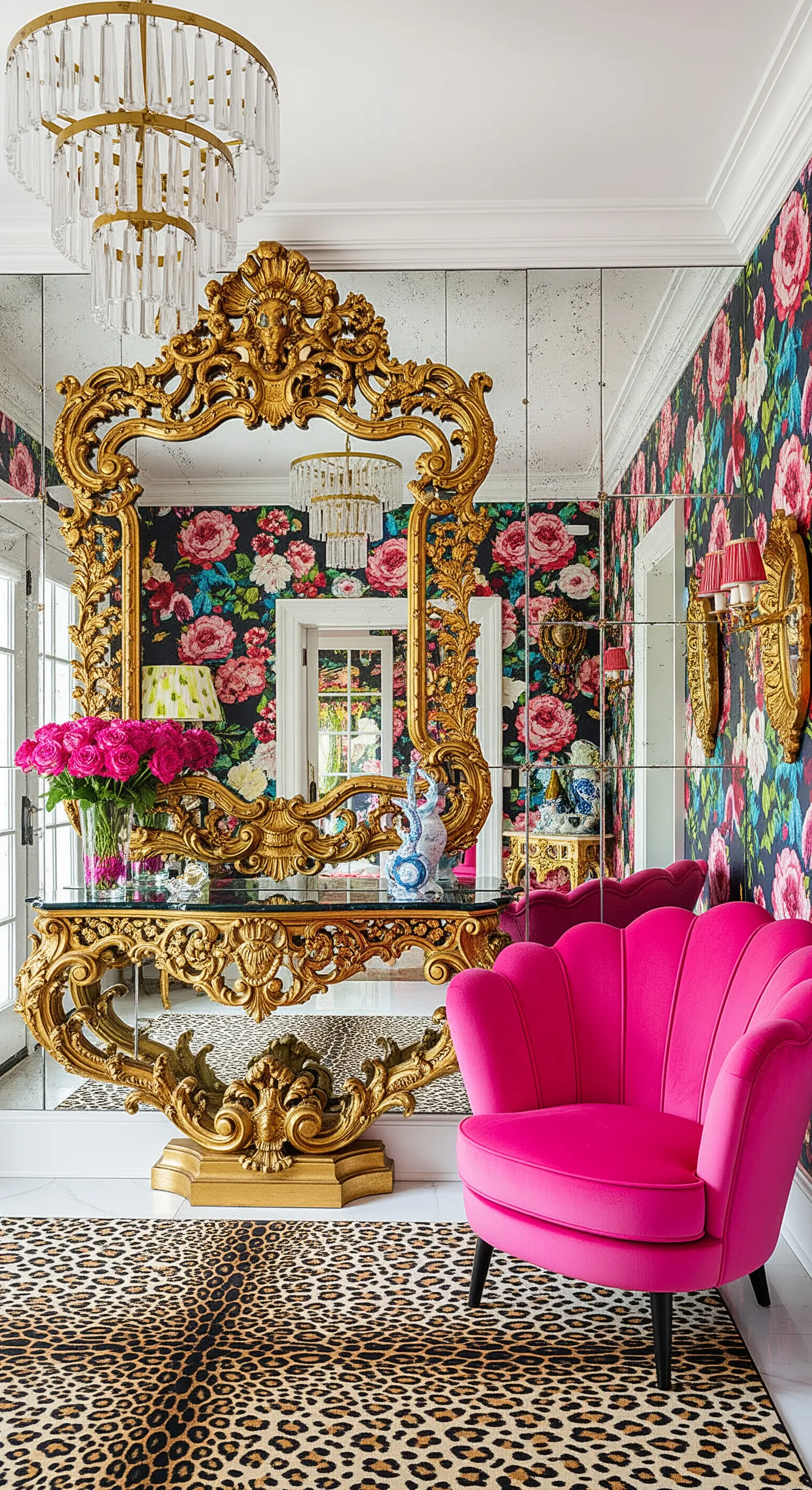 Ingresso massimalista con carta da parati floreale, specchio barocco oro e poltrona fucsia