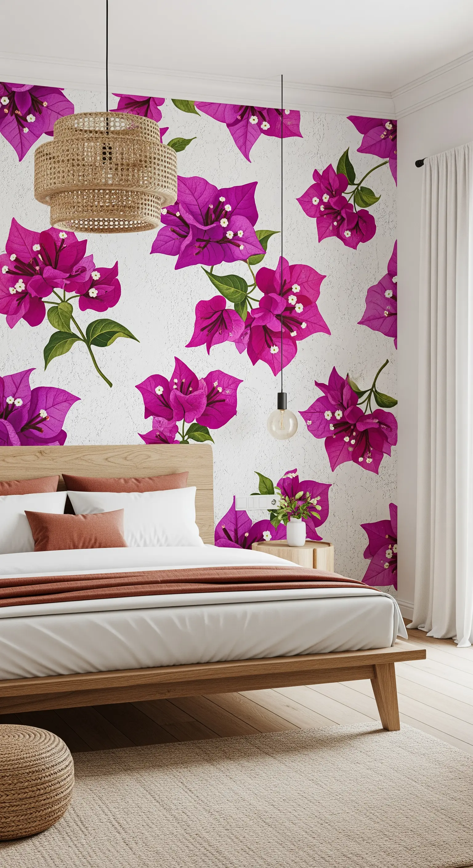 Carta da parati con fiori di bouganville fucsia dietro a un letto in legno chiaro.