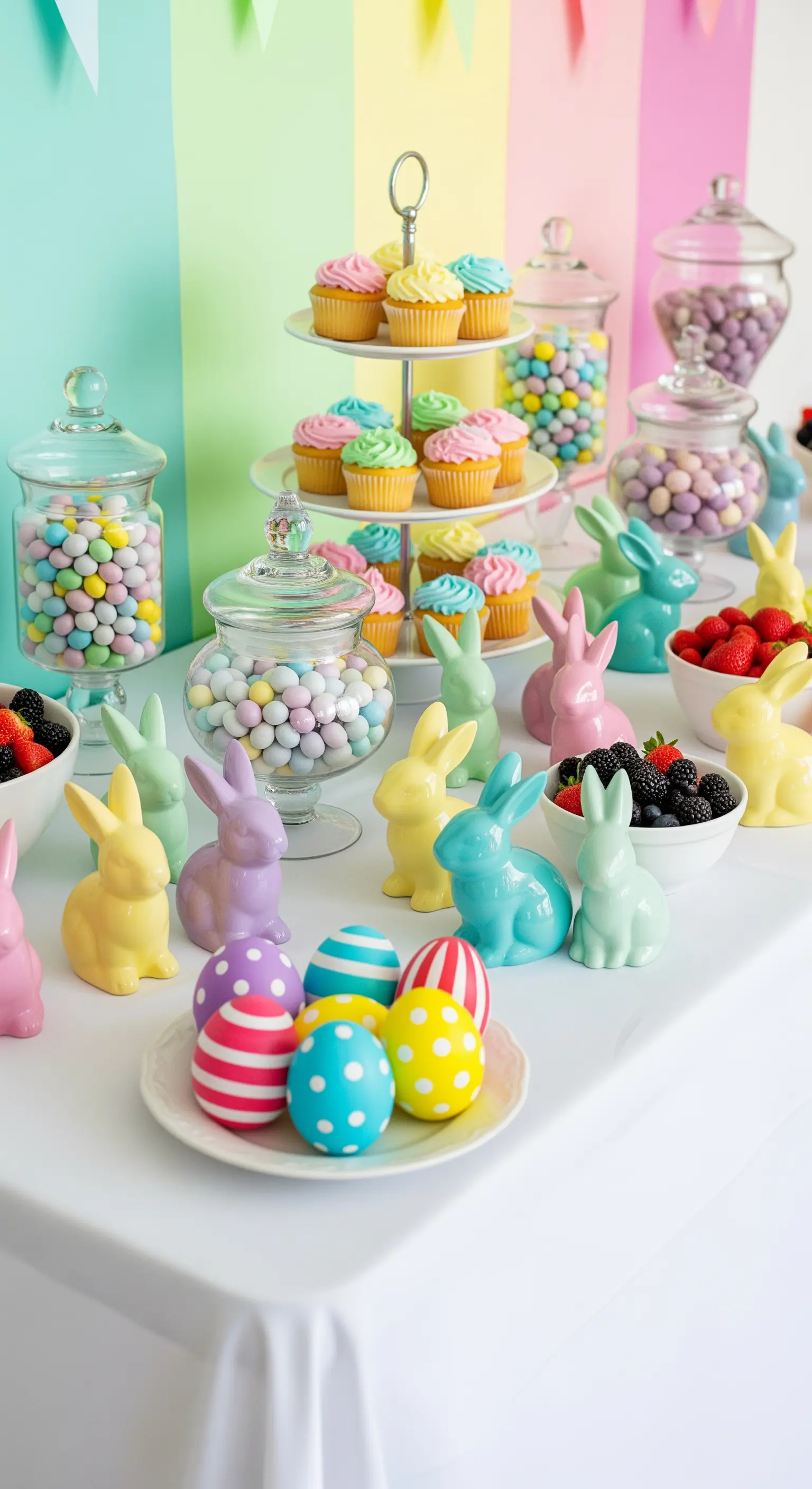 Buffet di dolci pasquale con alzata per cupcake, coniglietti in ceramica e ovetti colorati