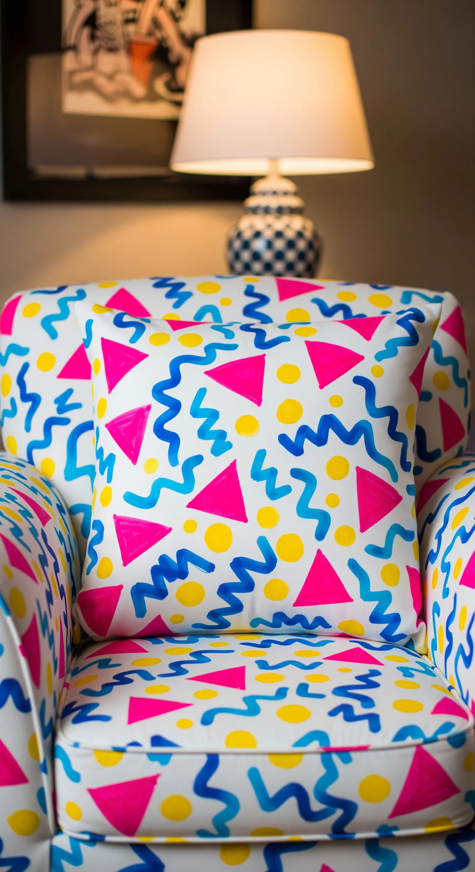 Cuscino con un pattern vivace stile Memphis anni '80, con forme rosa, gialle e blu.