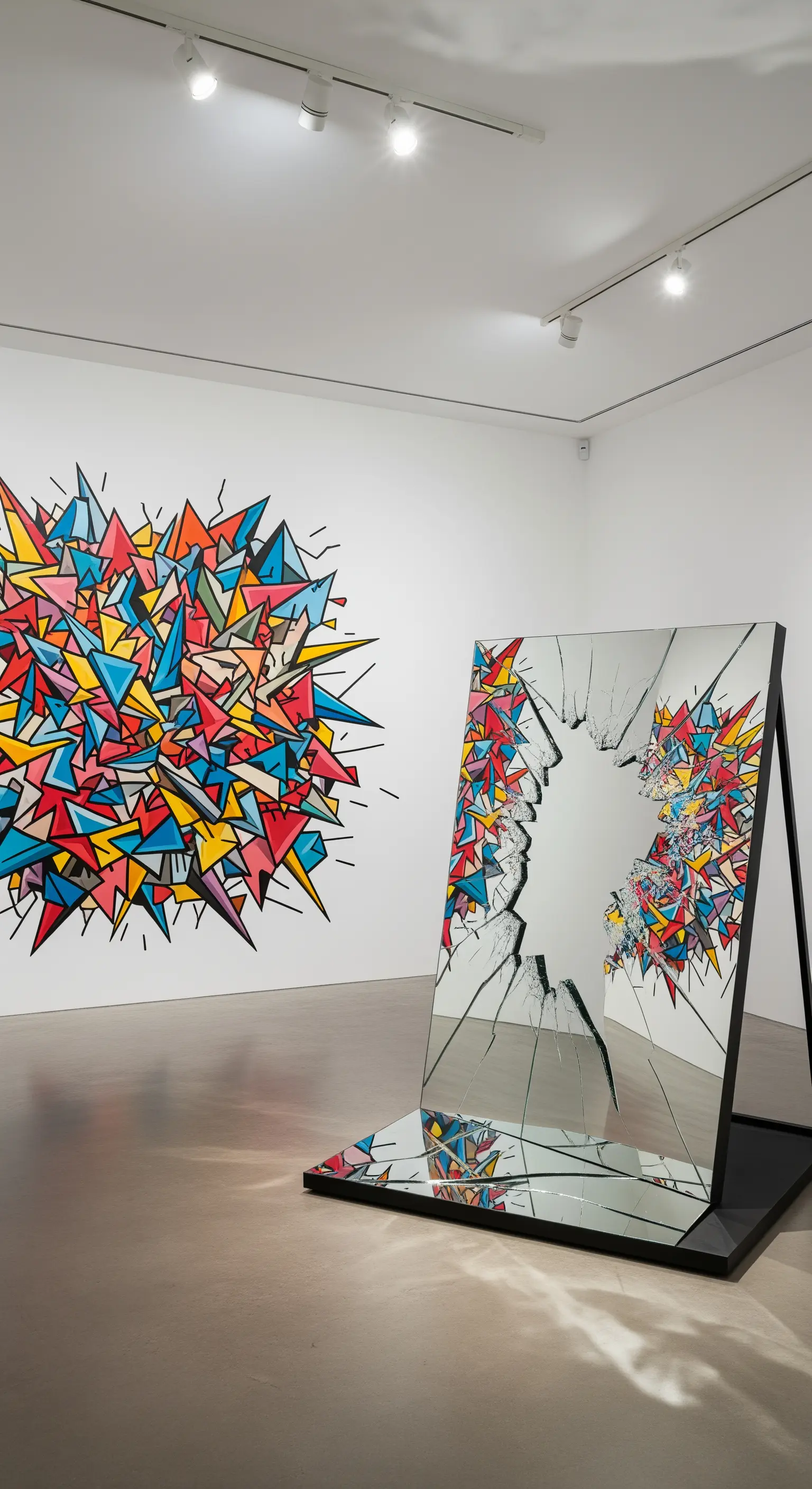 Installazione artistica con murale astratto colorato e uno specchio rotto appoggiato a terra.