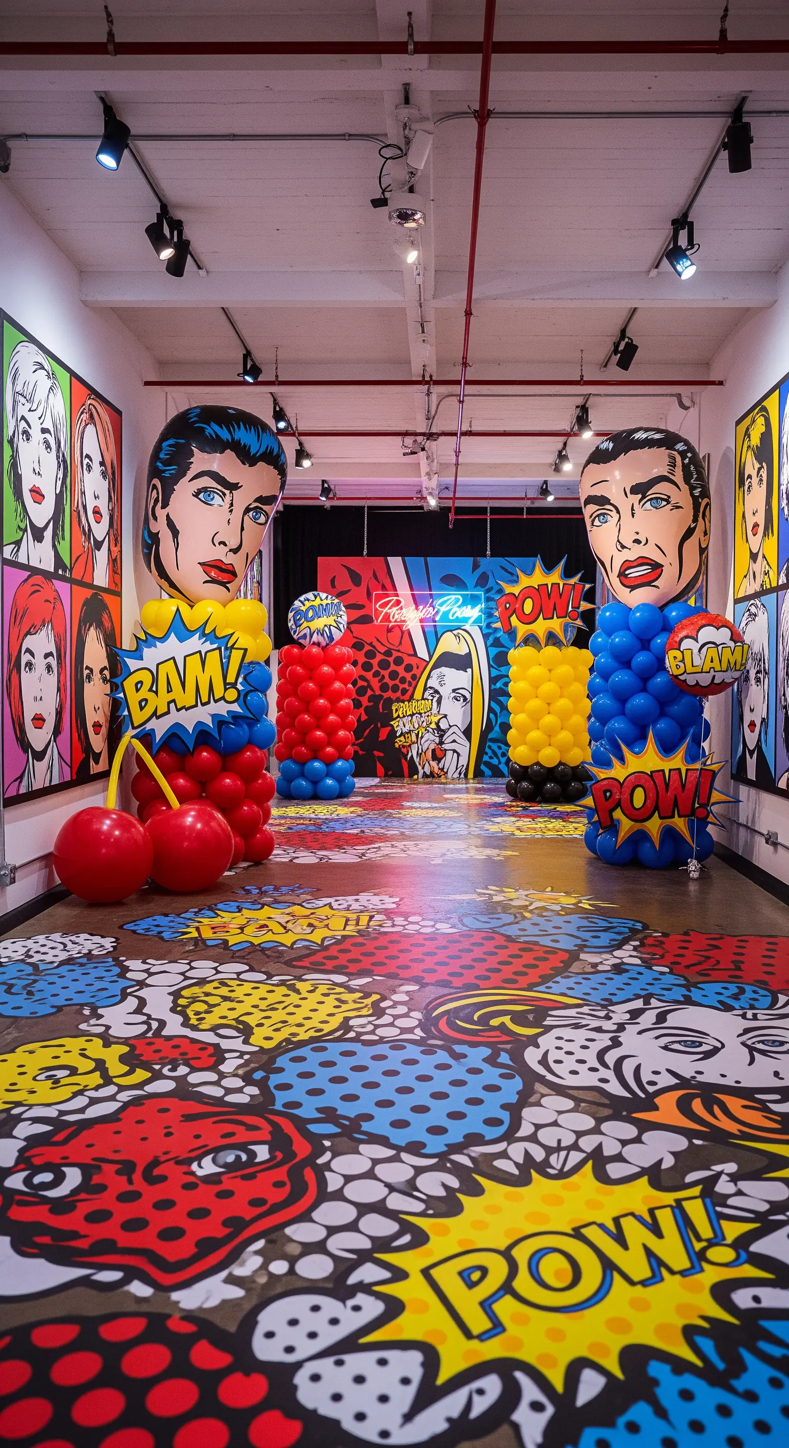 Allestimento per festa a tema Pop Art con palloncini giganti e pavimento decorato a fumetti.