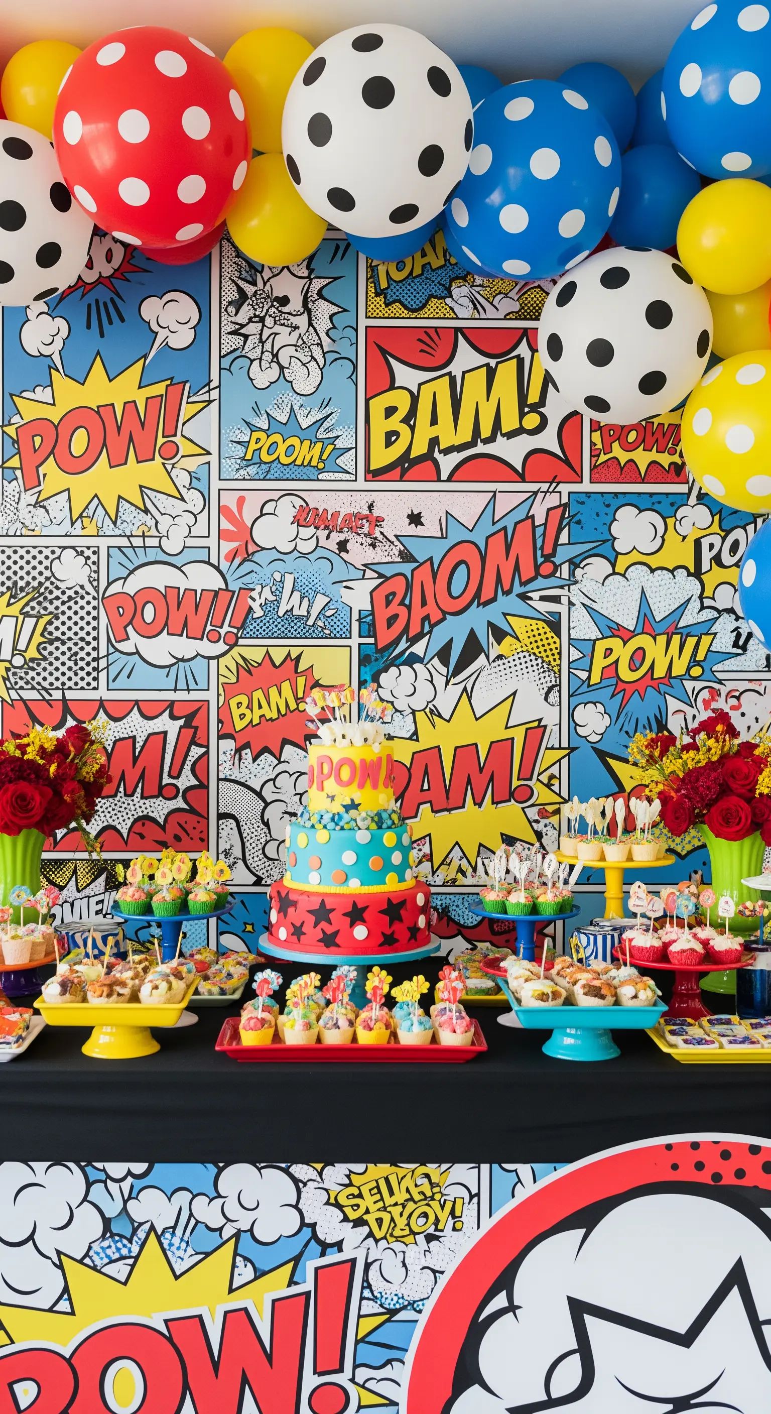 Buffet a tema fumetti pop art con sfondo colorato, palloncini a pois e torta a strati.