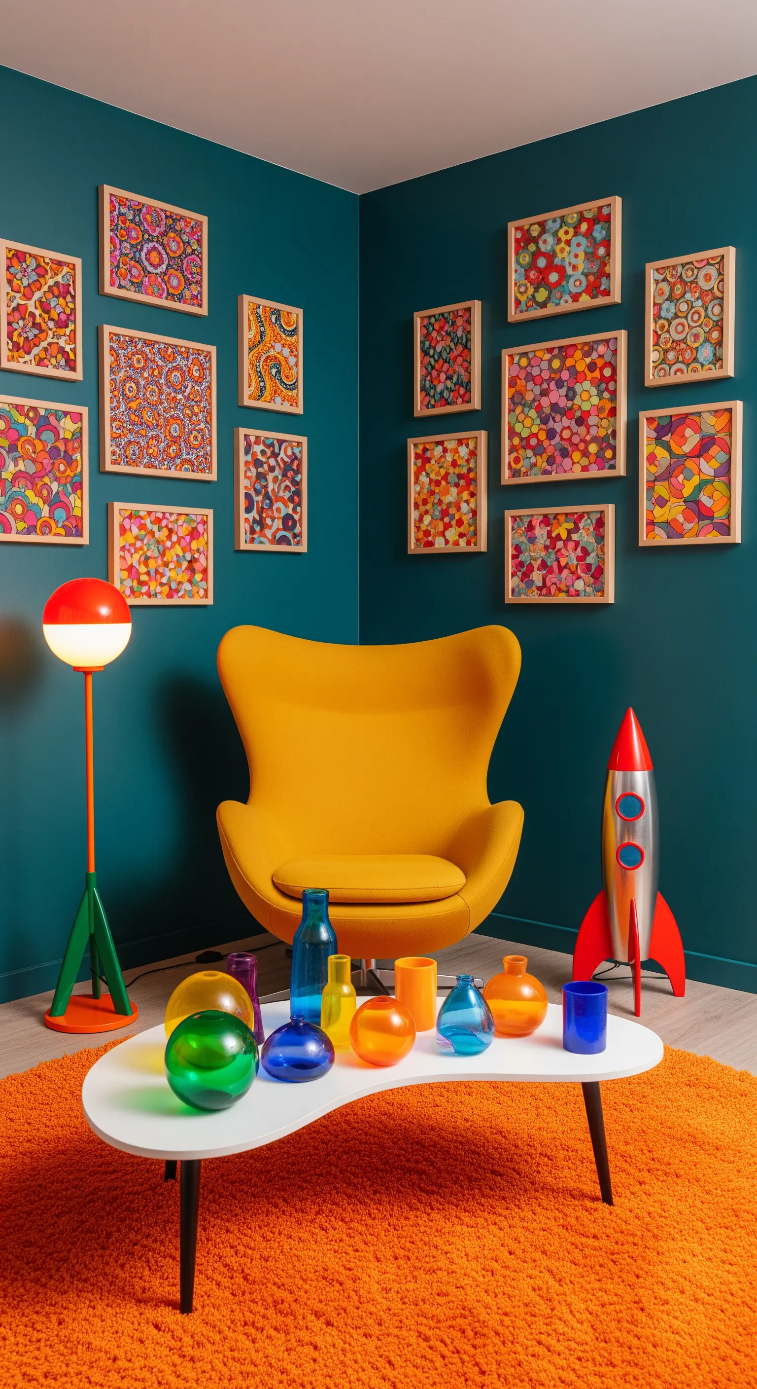 Poltrona a uovo senape contro una parete petrolio, con tappeto arancione e quadri pop.