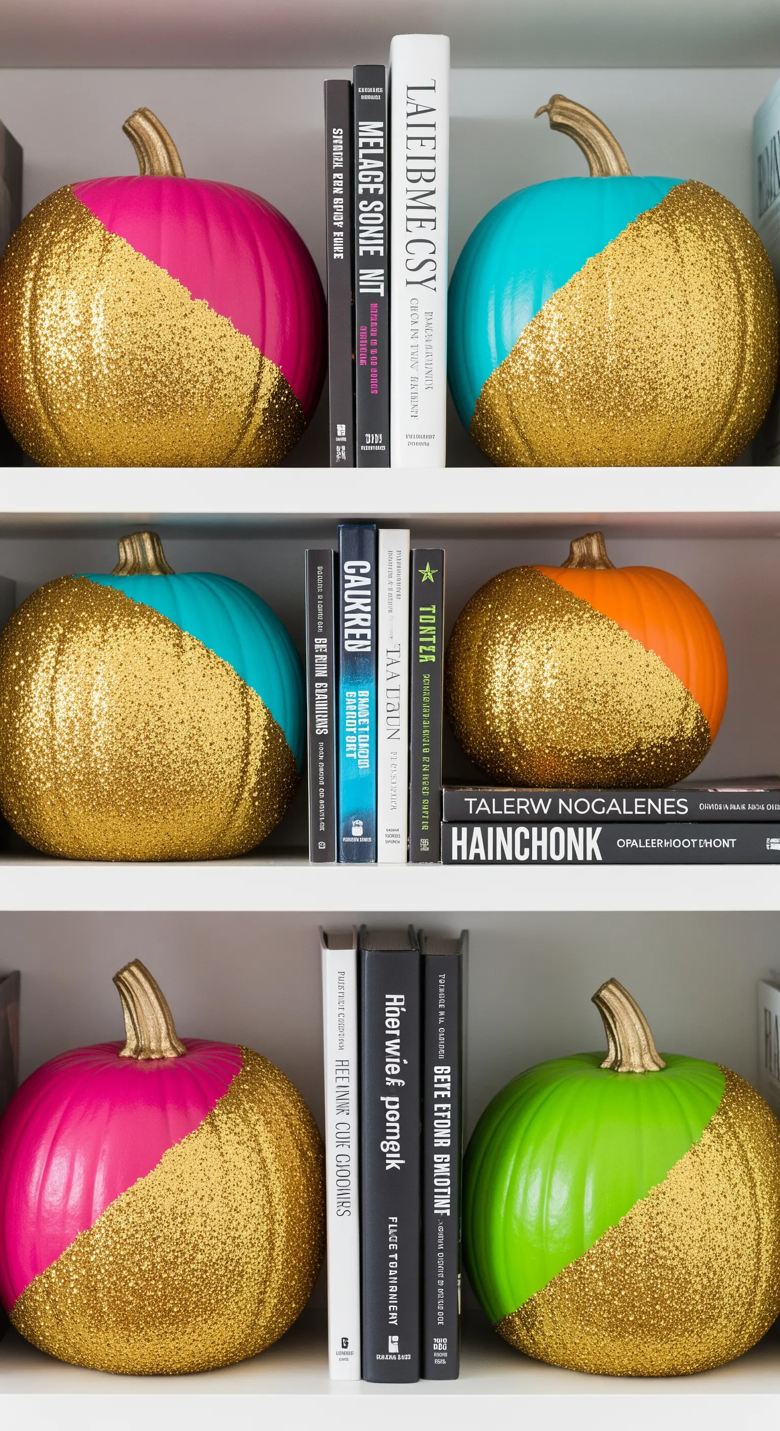 Zucche colorate divise in diagonale tra pittura pop e glitter dorato su mensole.