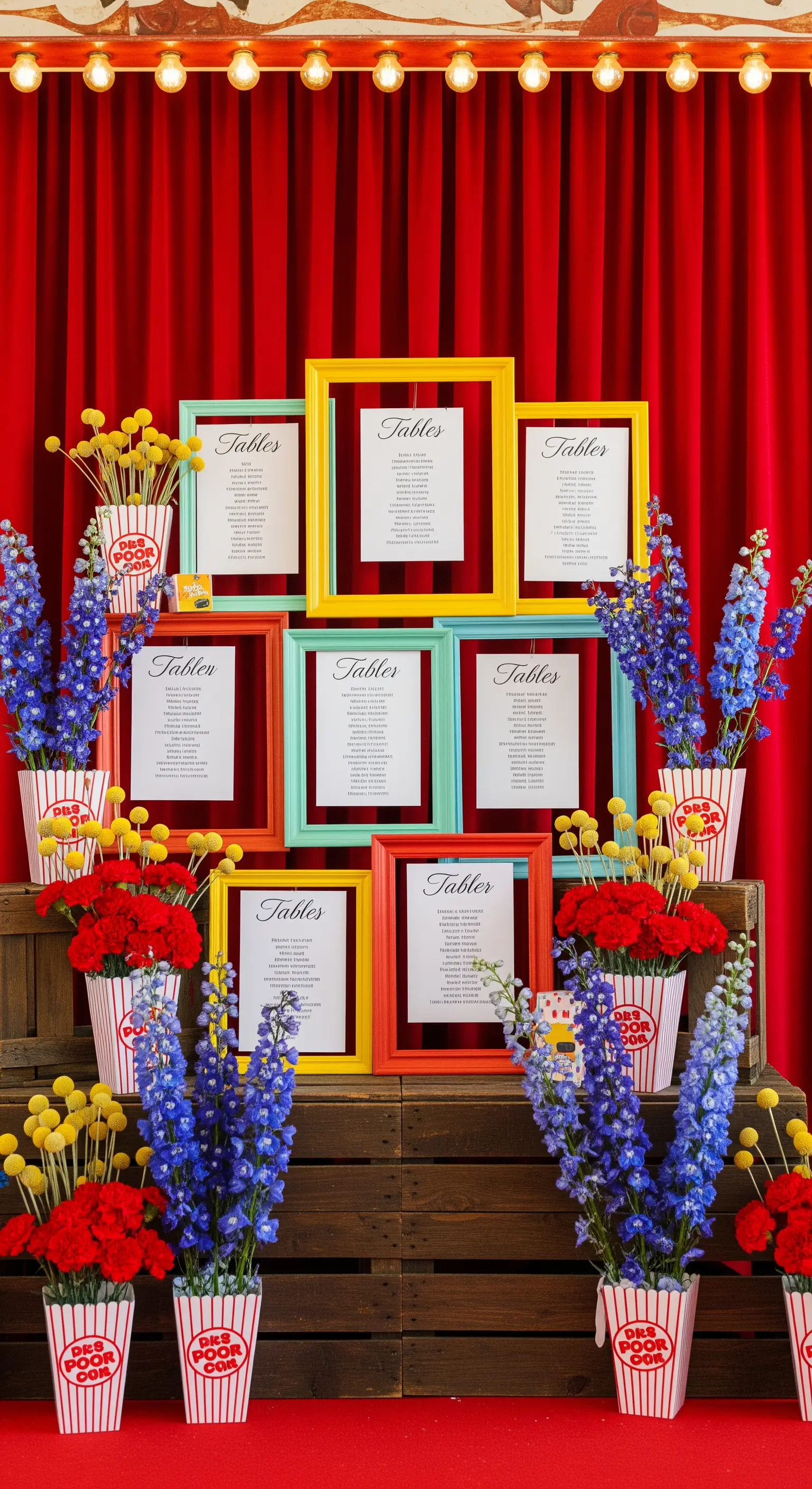 Tableau mariage colorato con cornici pop, fiori vivaci in contenitori da popcorn e sfondo rosso.