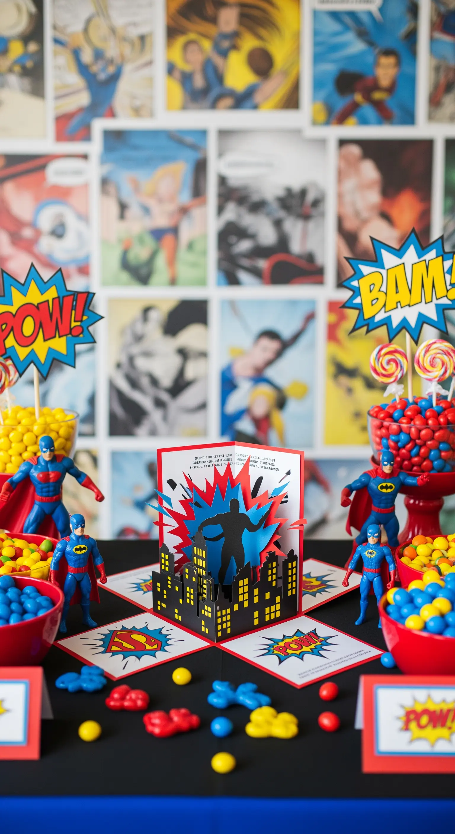 Invito pop-up a tema supereroi con skyline di una città e scritte da fumetto, circondato da dolci.