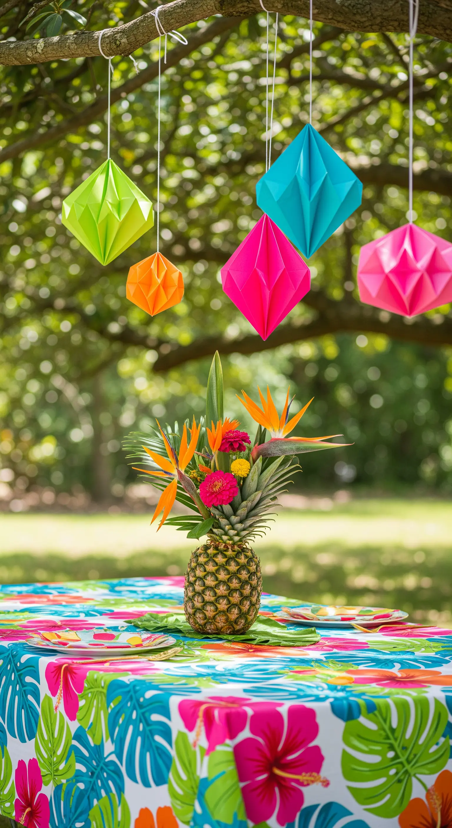 Tavola a tema tropicale con ananas come vaso e lanterne di carta colorate.