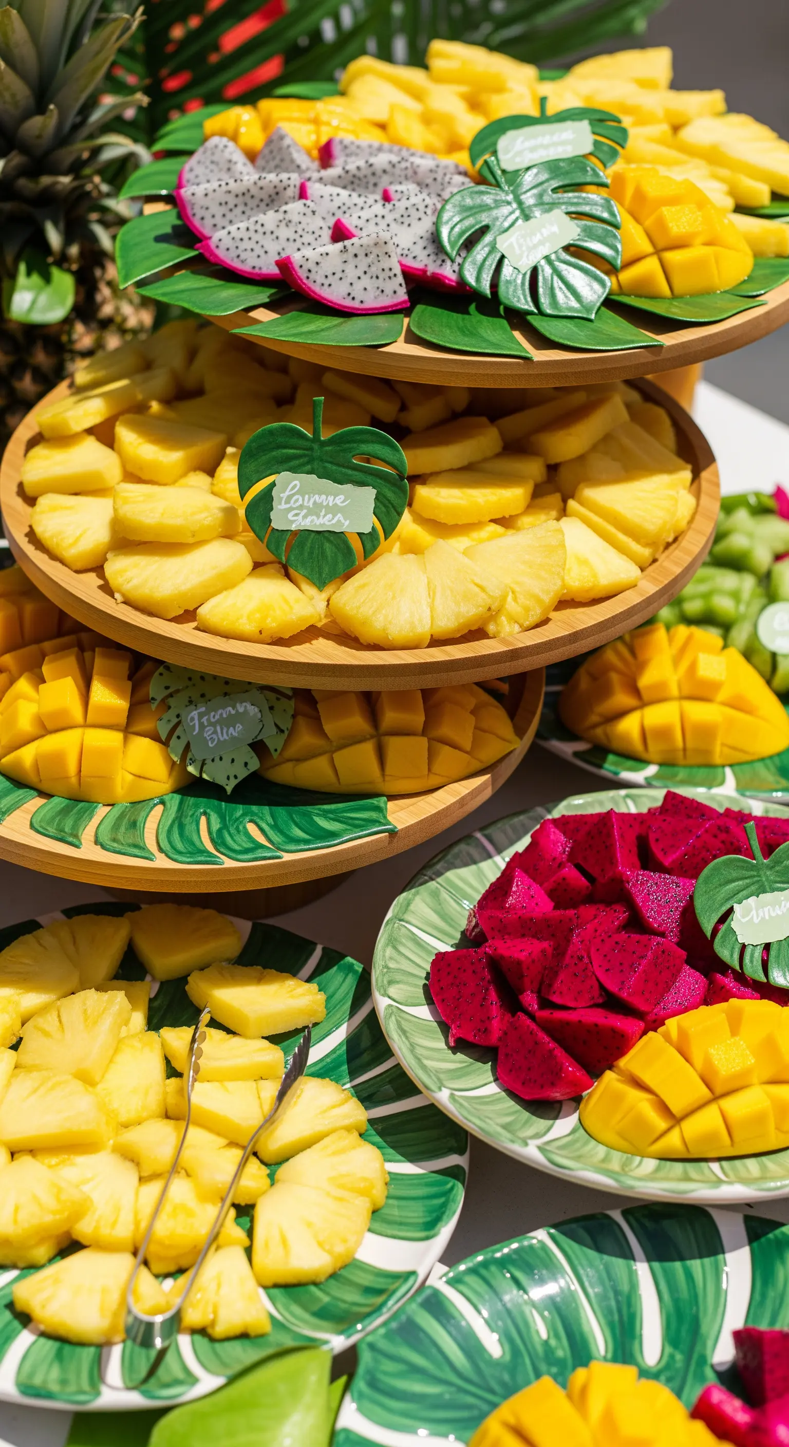 Buffet di frutta tropicale su alzate di bambù, con etichette a forma di foglia di monstera.