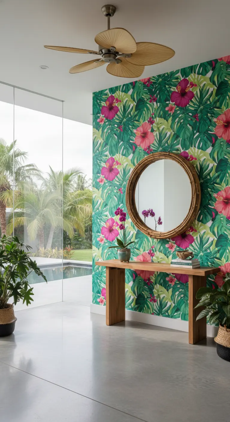 Ingresso con audace carta da parati tropicale, console in legno e vista sulla piscina.