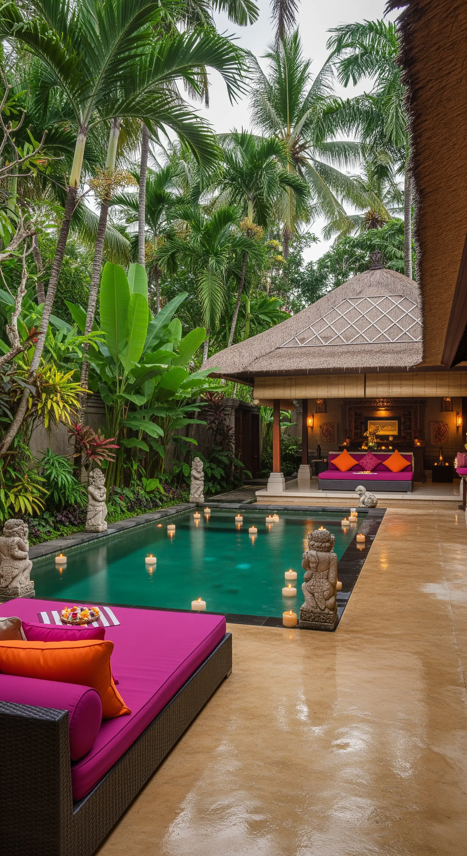 Patio tropicale con piscina, cuscini fucsia e arancioni e candele galleggianti sull'acqua.