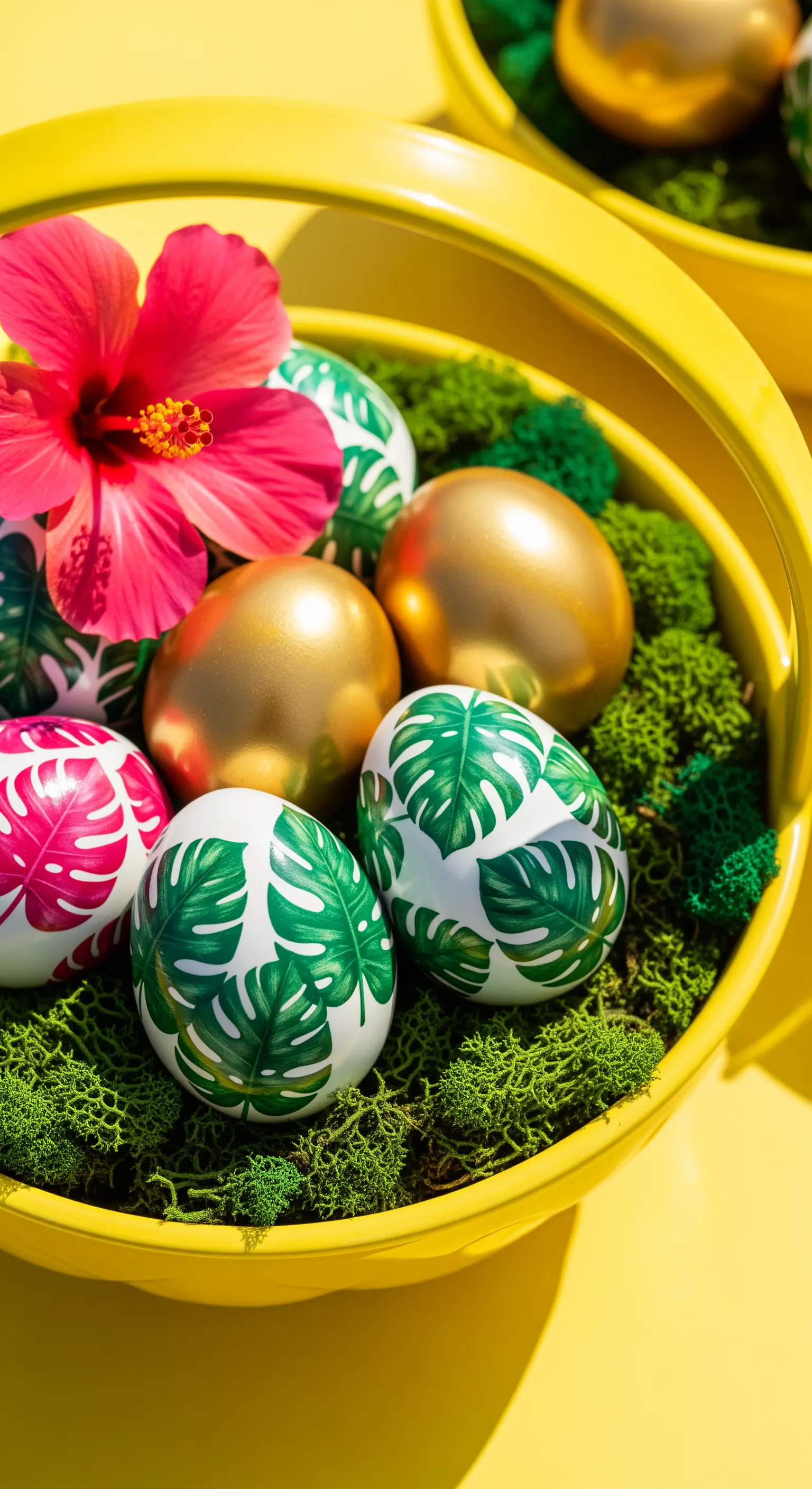 Cesto giallo con muschio, uova decorate con foglie tropicali, ovetti dorati e un fiore di ibisco.