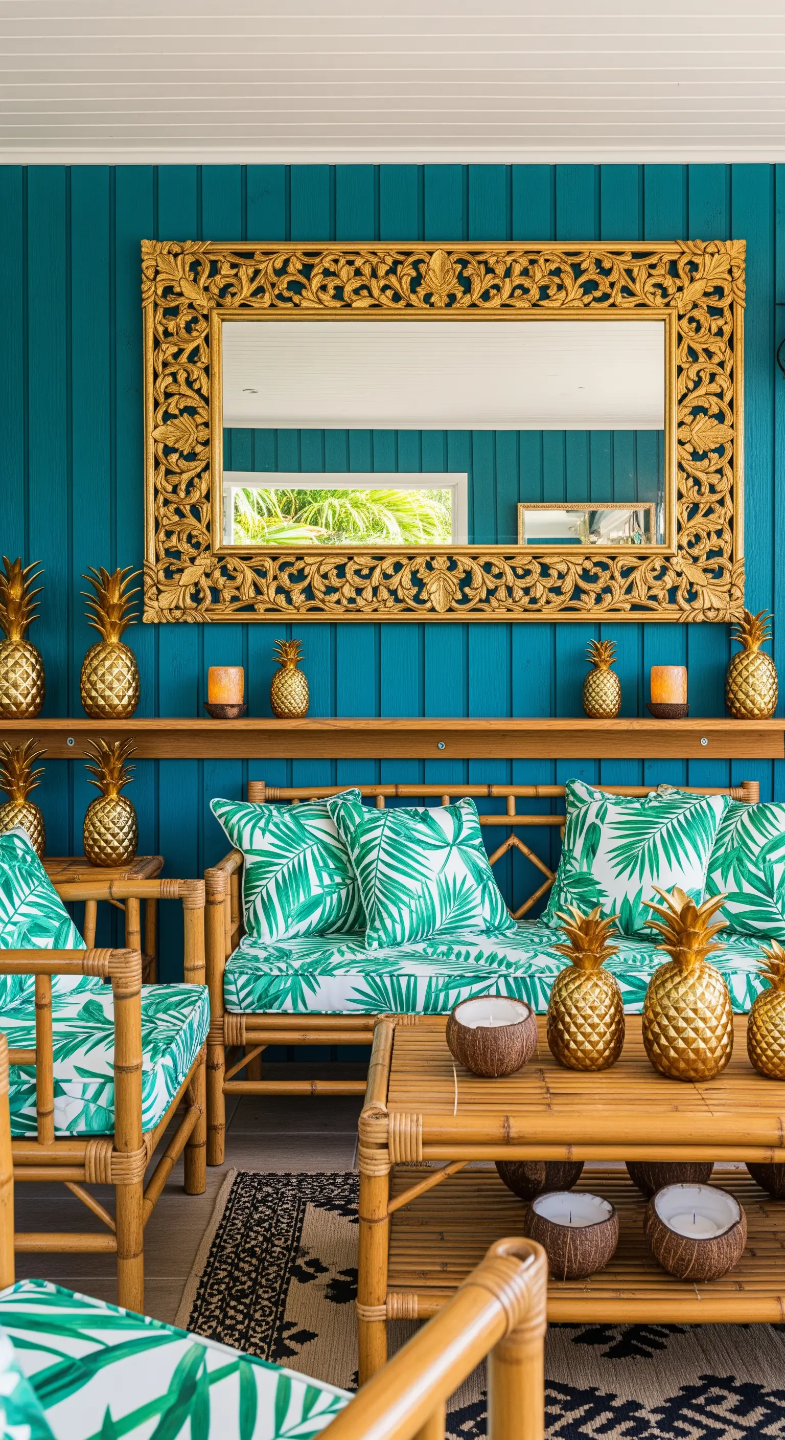 Veranda in stile tropicale con arredi in bambù, parete blu e tanti dettagli dorati.