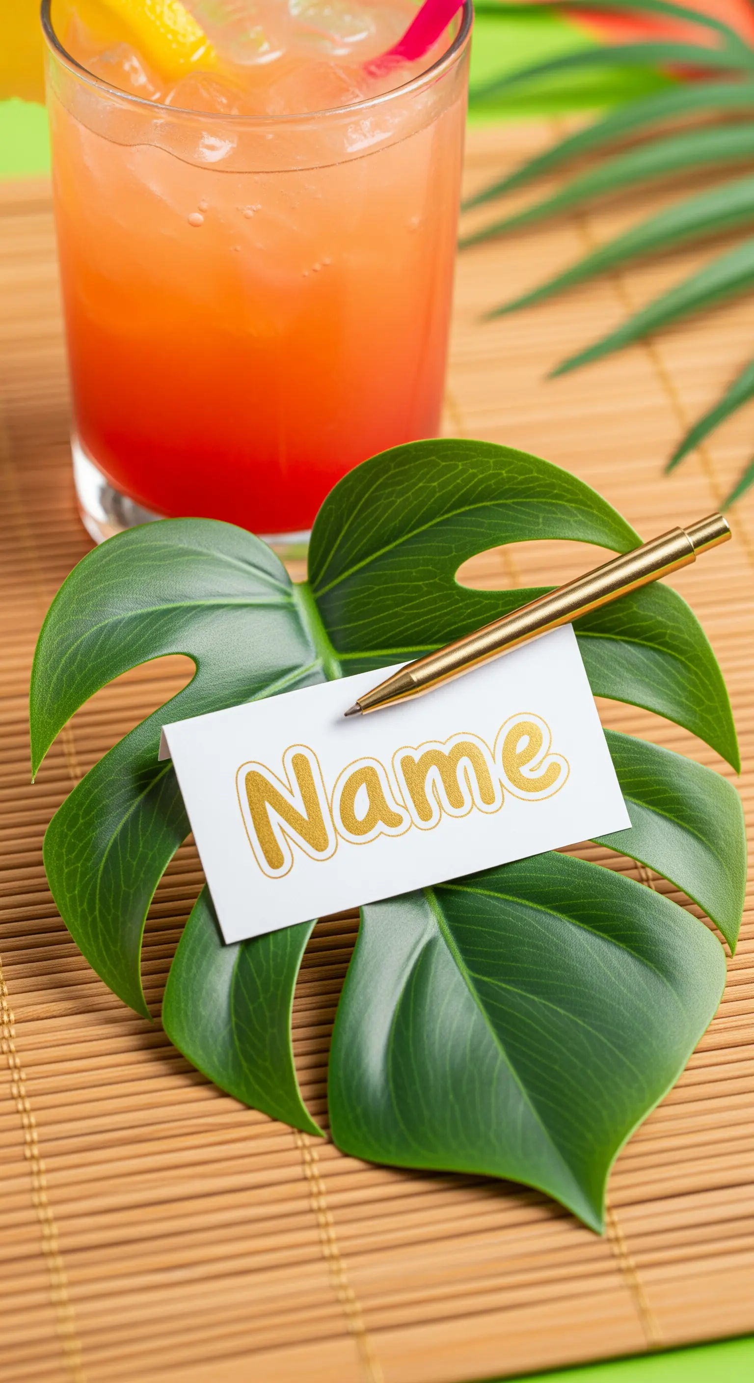 Foglia di monstera che fa da base a un biglietto bianco con nome dorato.