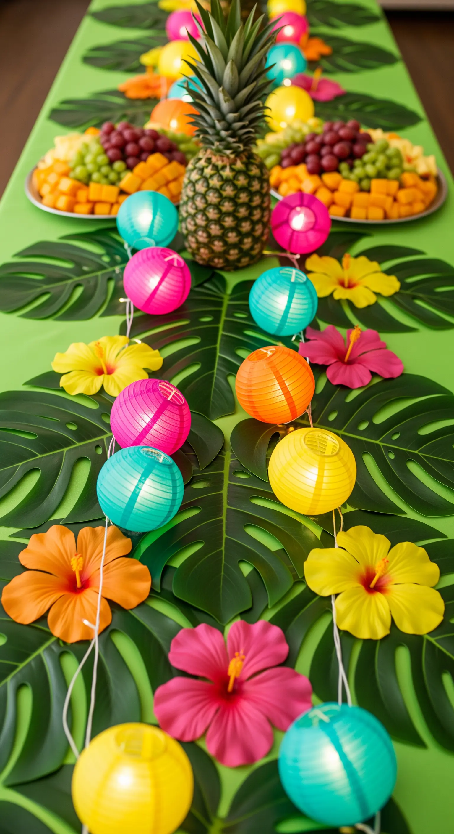 Runner creato con foglie di Monstera, fiori di ibisco e piccole lanterne di carta colorate.