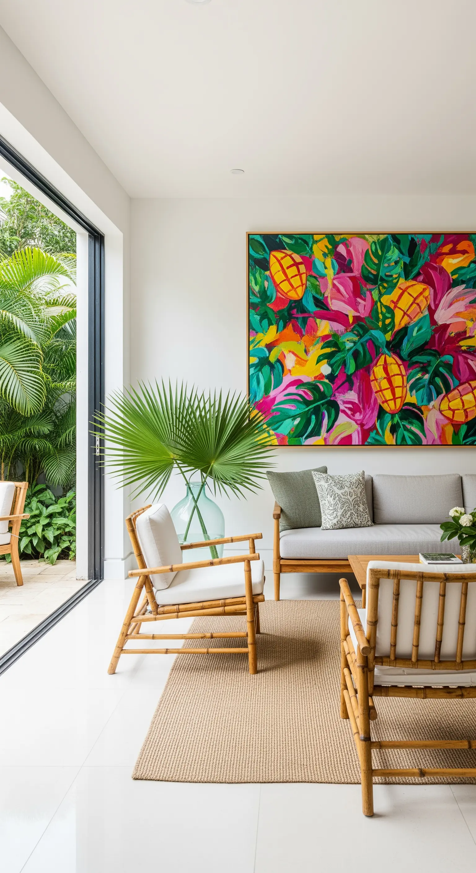 Quadro astratto con motivi tropicali e colori vivaci in un soggiorno con mobili in bambù.