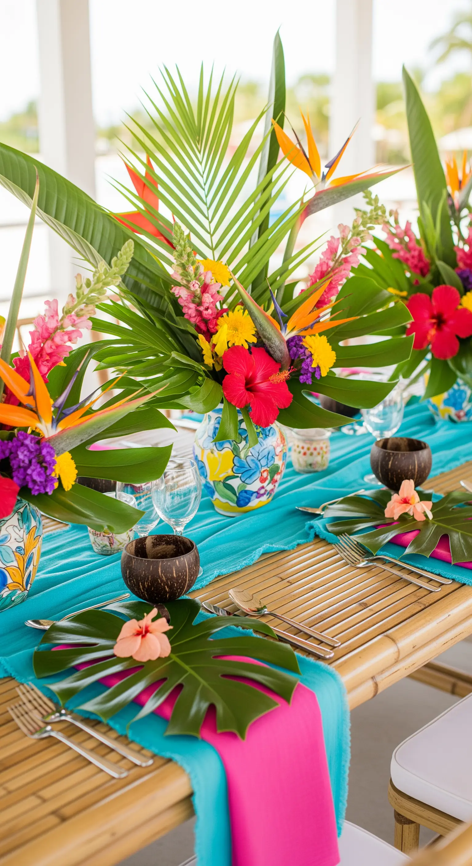 Tavola in bambù con runner turchese e un centrotavola esuberante di fiori e foglie tropicali.