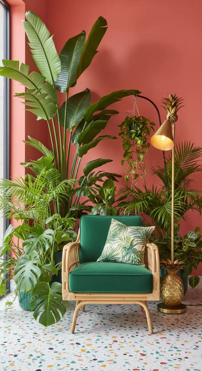 Poltrona in rattan e velluto verde in un angolo tropicale con parete corallo e lampada ananas.