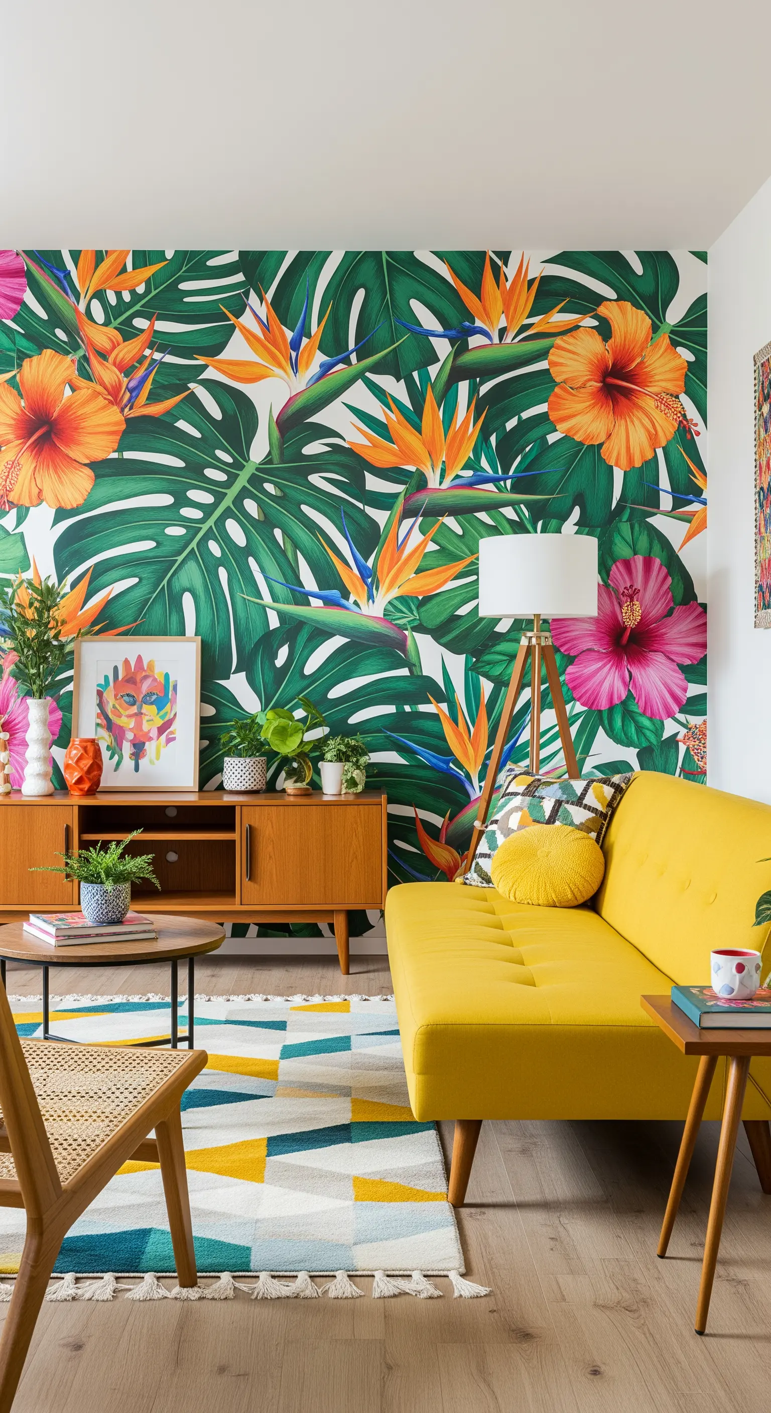 Salotto vibrante con carta da parati a tema giungla e un divano giallo acceso.