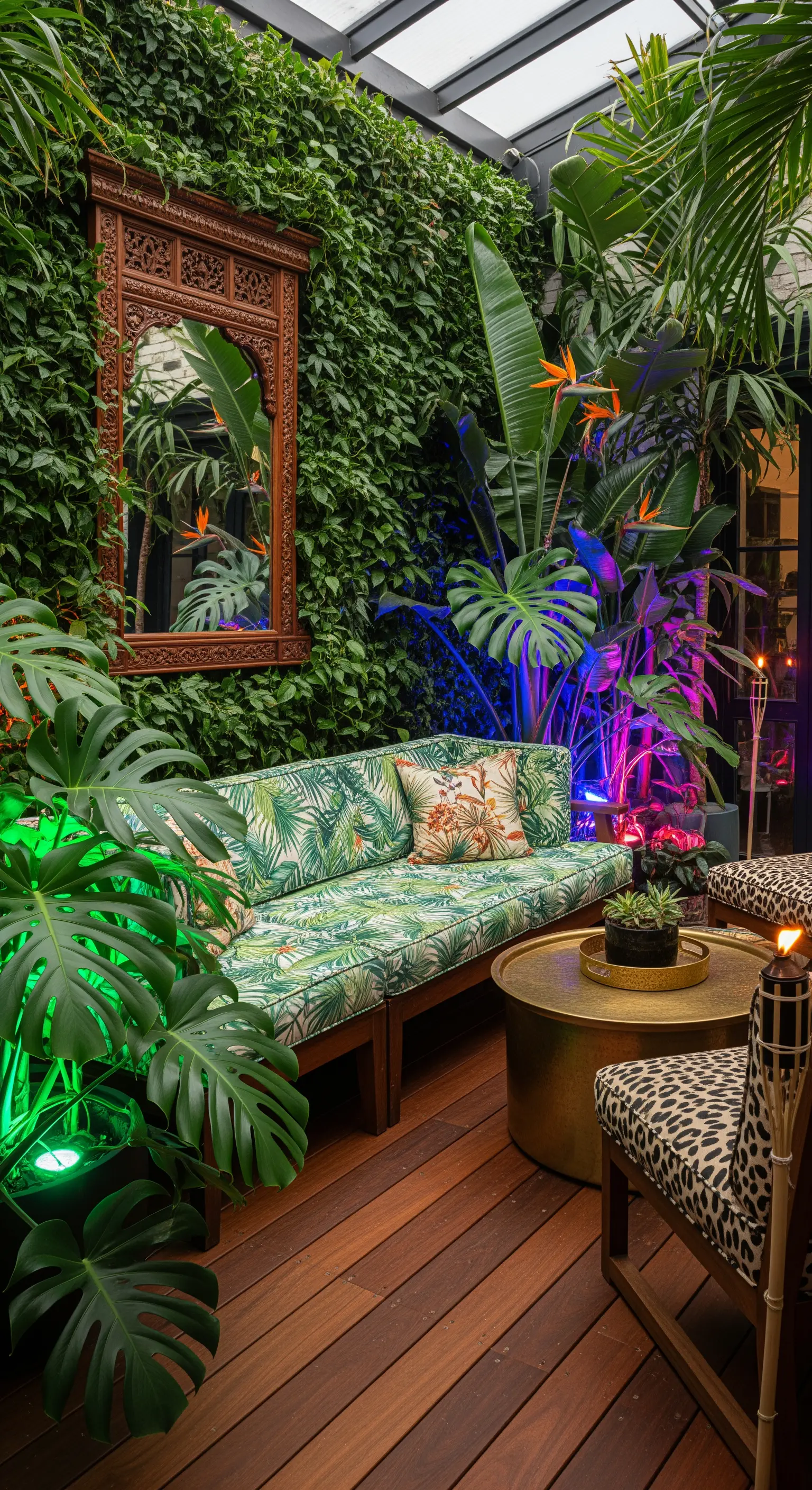 Portico lussureggiante con parete verde, divano a tema tropicale e uno specchio intagliato