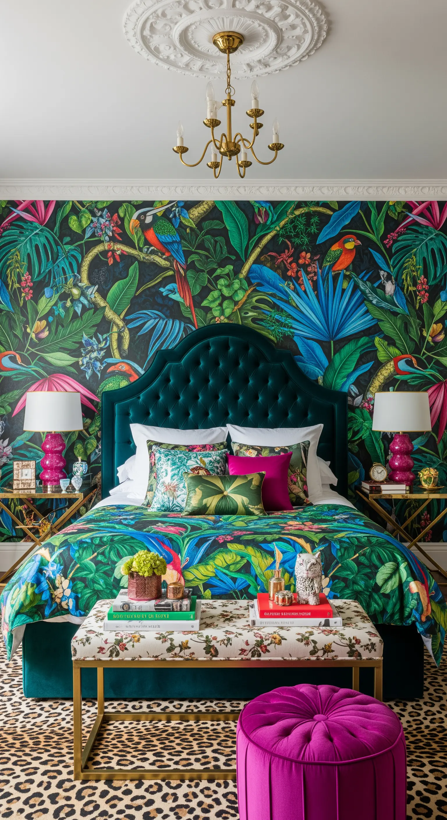 Camera da letto massimalista con murale a tema giungla e arredi in velluto verde e fucsia.