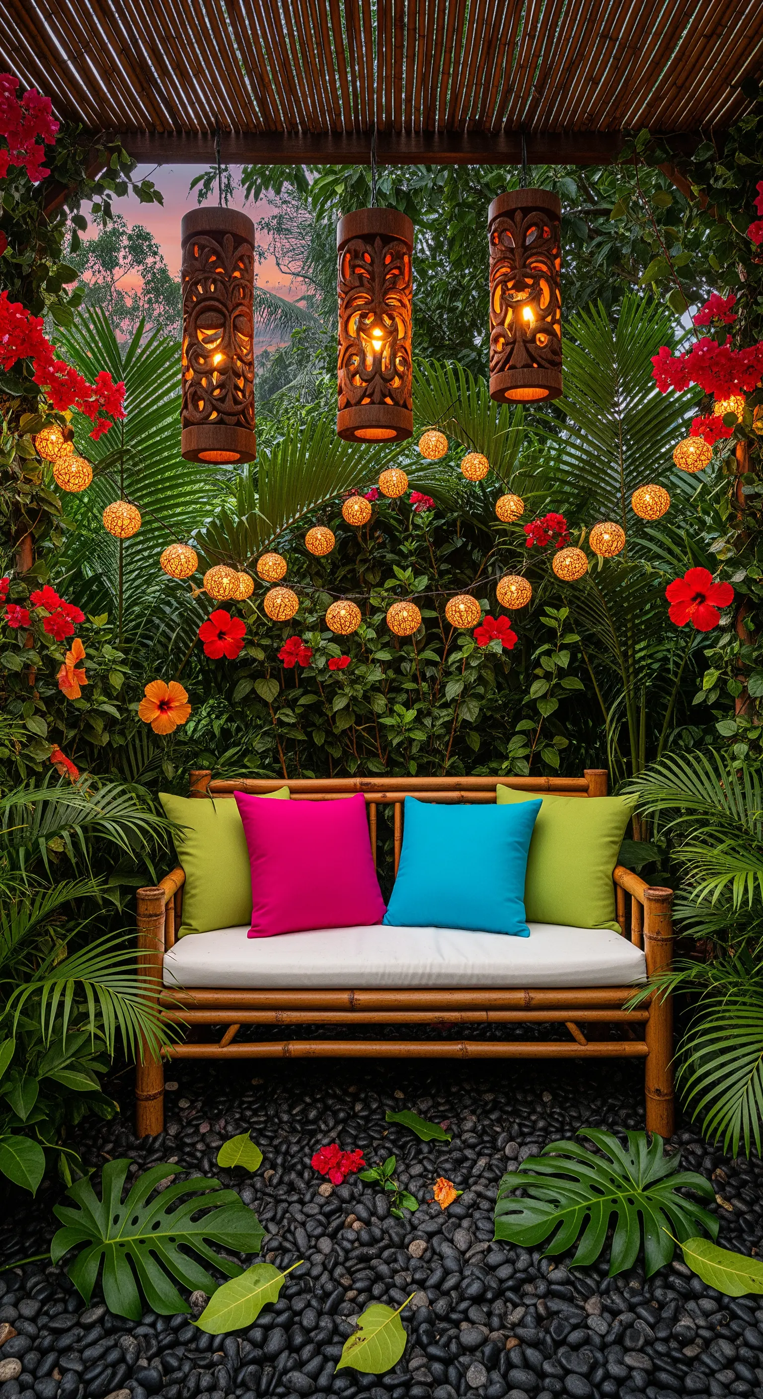 Panca in bambù con cuscini colorati in un angolo tropicale, con lanterne Tiki e fiori.
