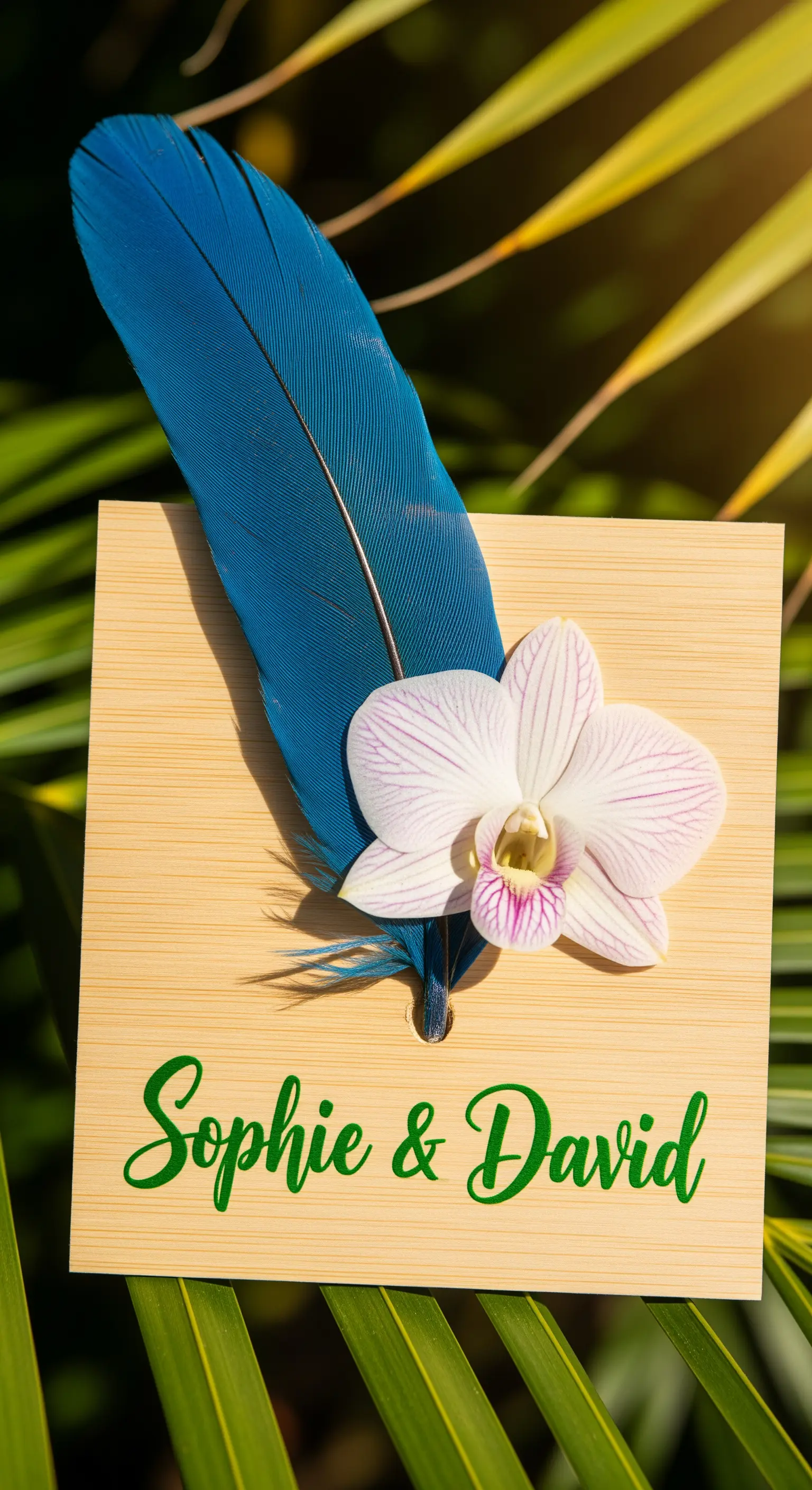 Segnaposto tropicale con piuma blu intenso di ara e un fiore di orchidea.