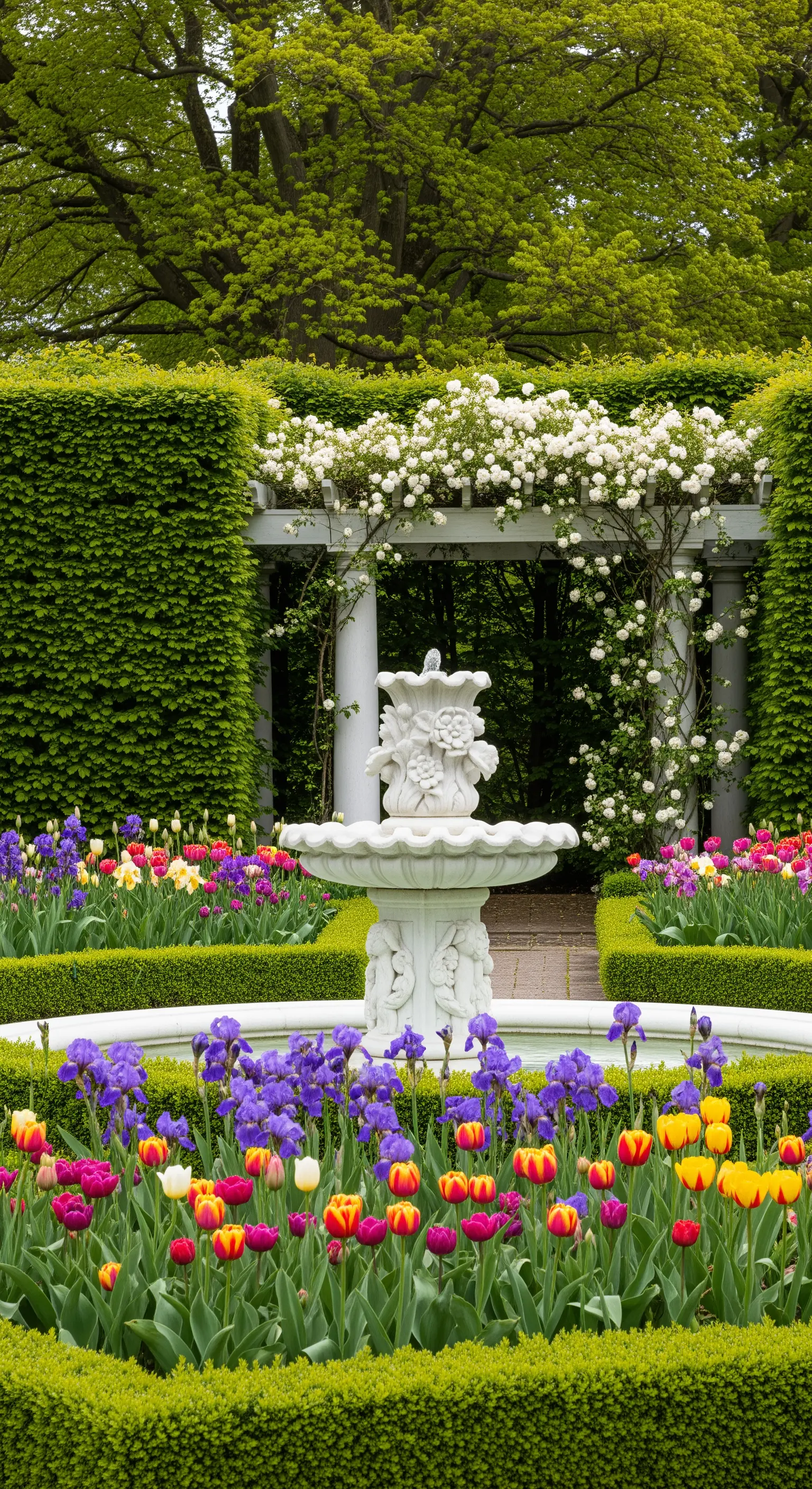 Fontana bianca circondata da aiuole di tulipani e iris colorati in un giardino formale.