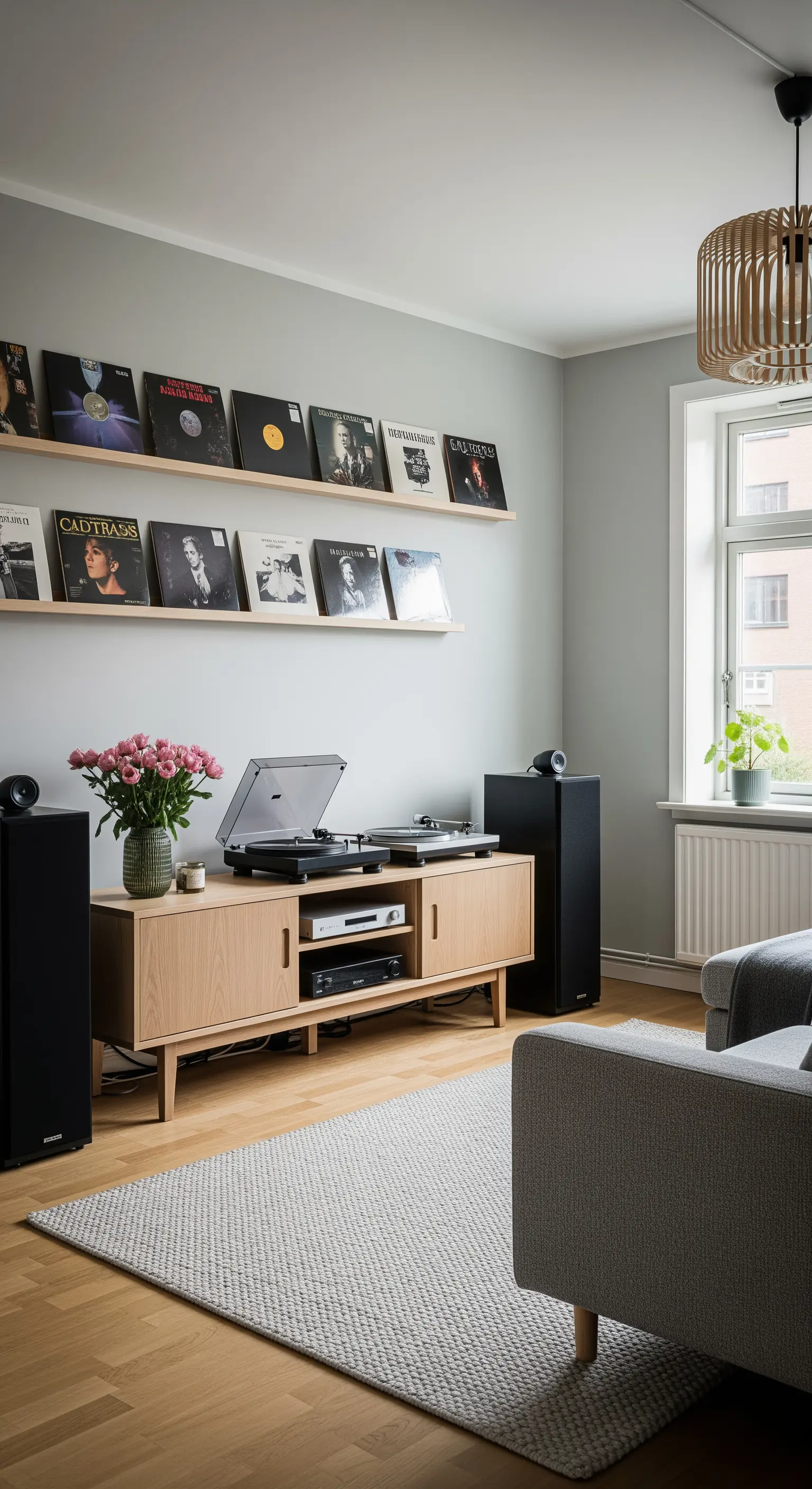 Angolo musica con giradischi su mobile in rovere e una parete con mensole per esporre i vinili.