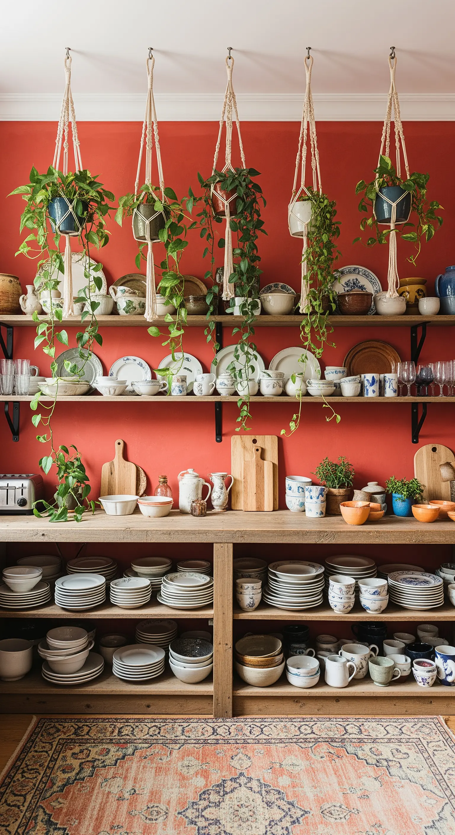 Parete color terracotta con mensole in legno cariche di stoviglie e piante pendenti.