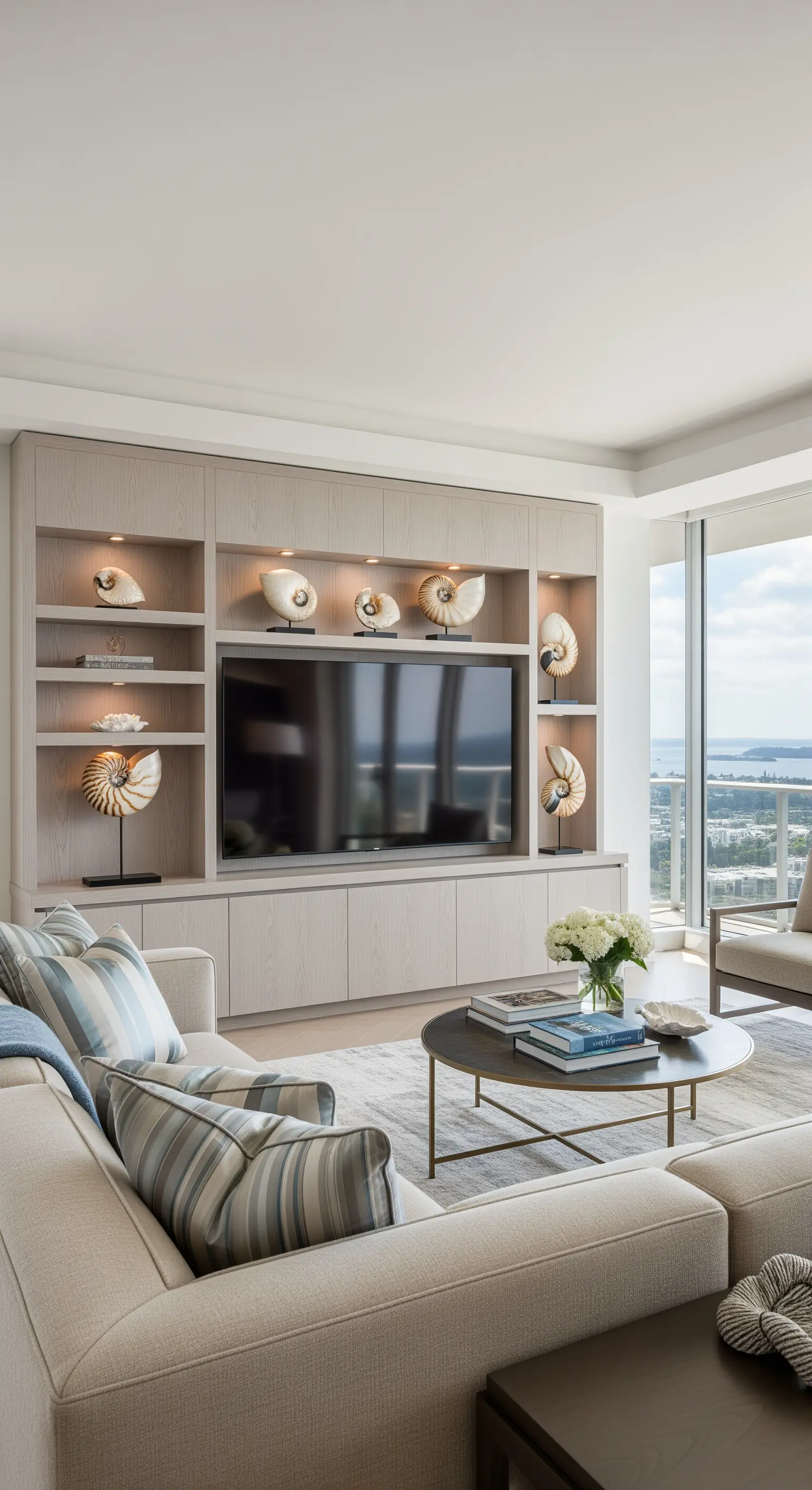 Parete attrezzata in legno chiaro con nicchie illuminate che espongono grandi conchiglie.