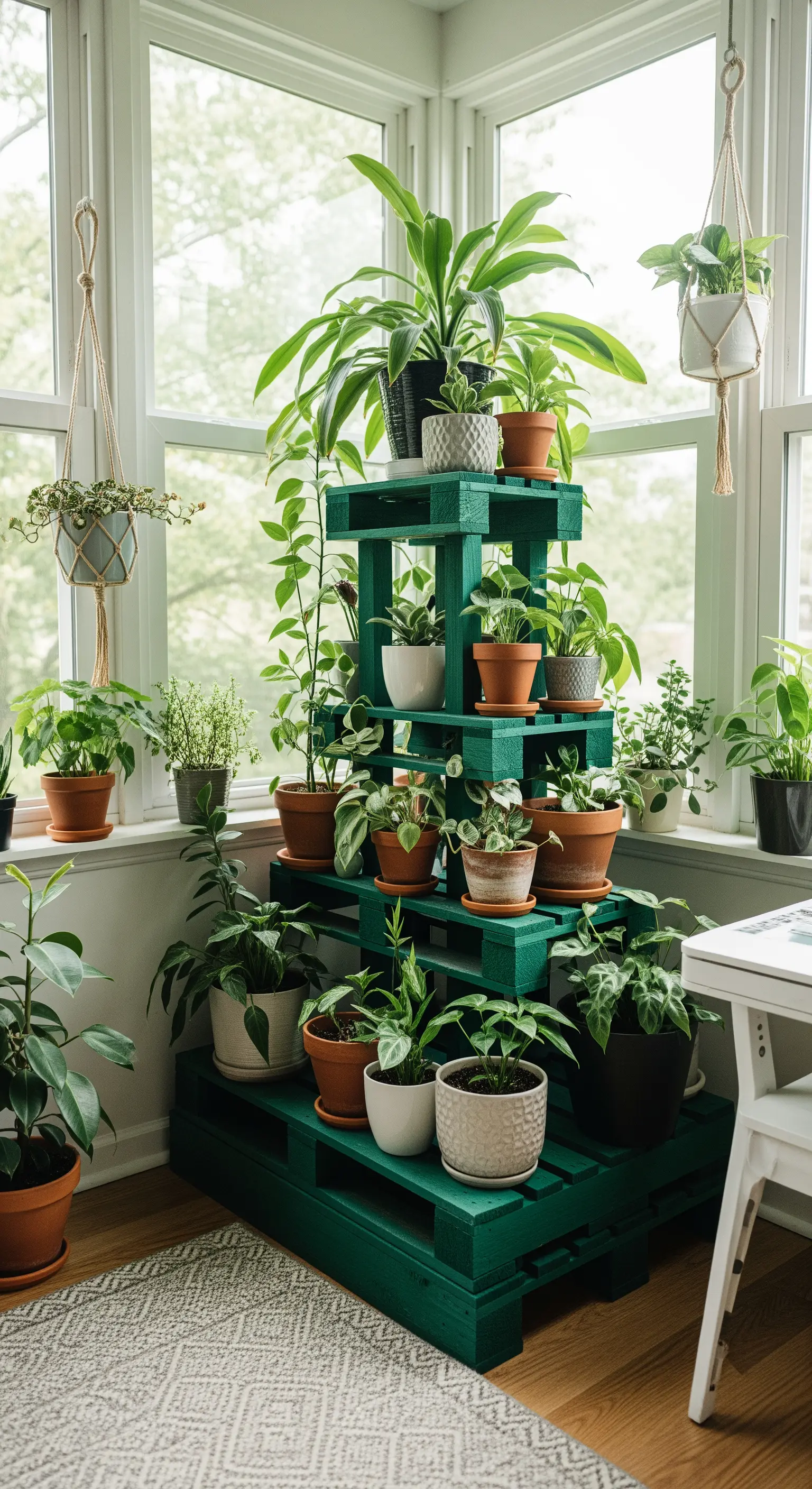 Stand a gradoni per piante in un angolo luminoso, fatto con pallet verniciati di verde.