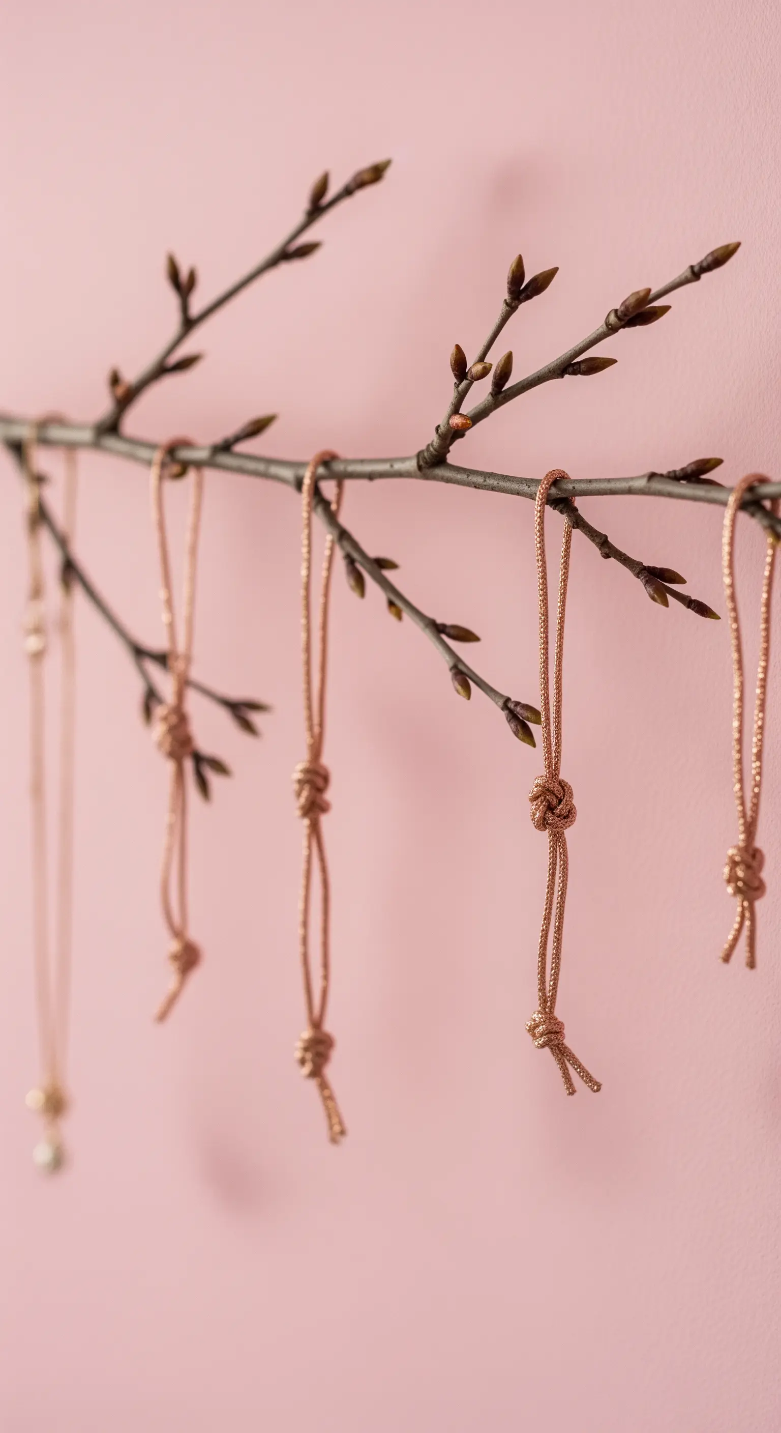 Rametto sottile con gemme usato come espositore per collane e gioielli color rame.