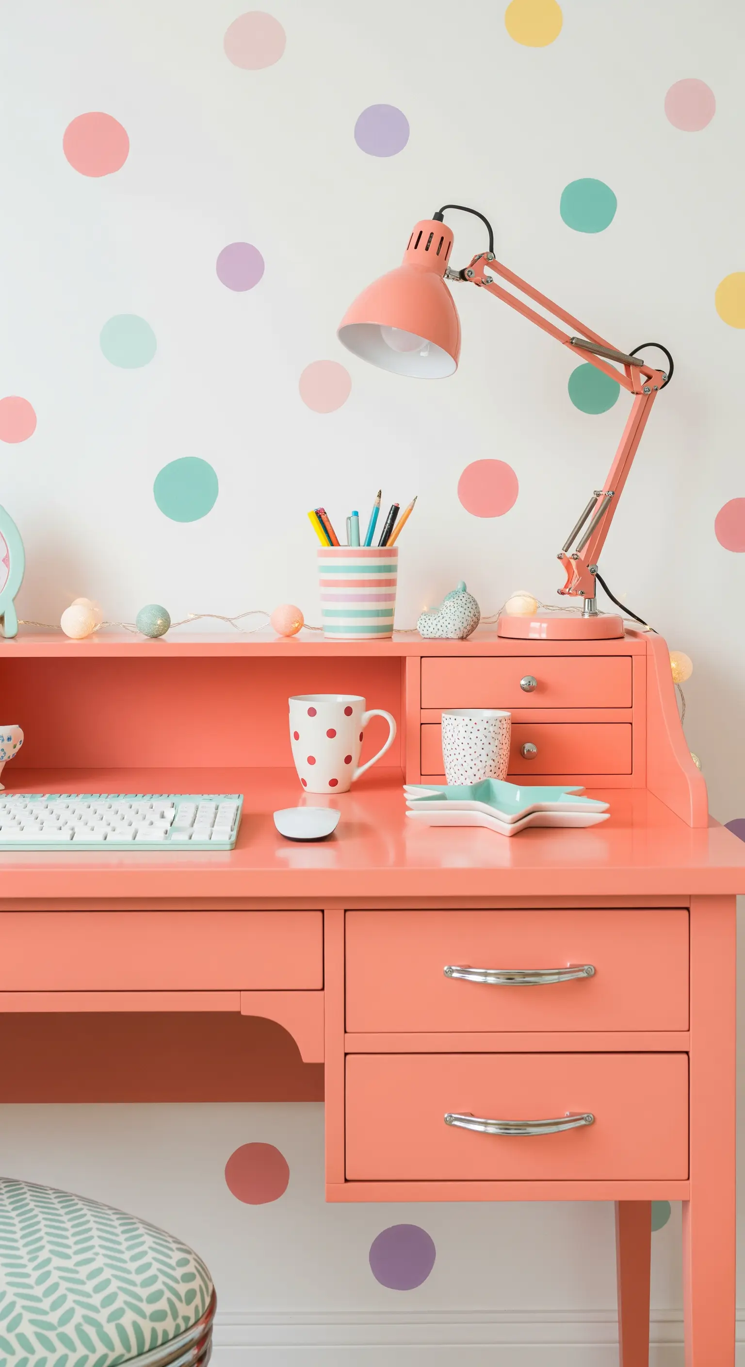 Scrivania color corallo con lampada coordinata, di fronte a una parete a pois pastello.
