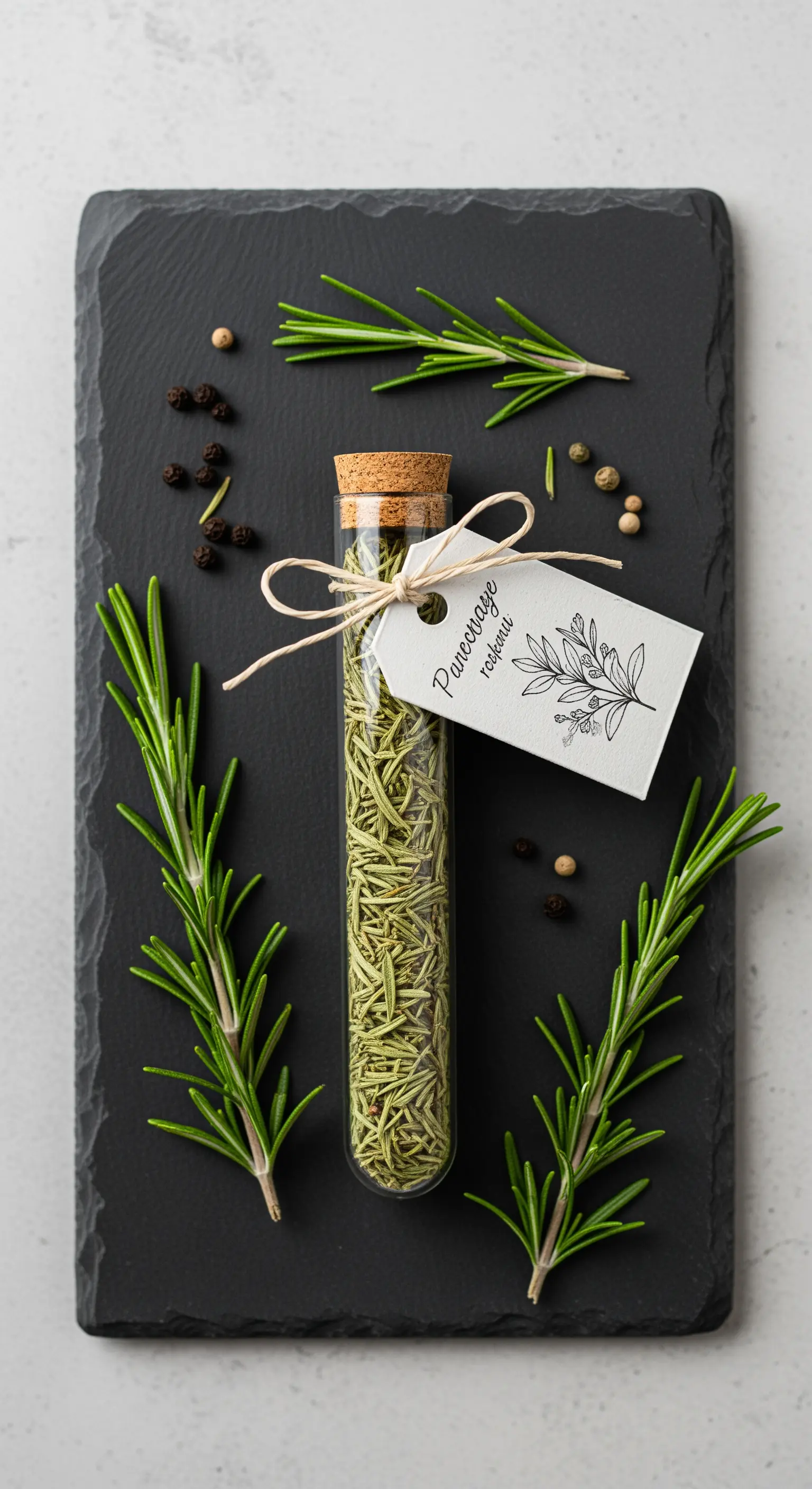 Provetta di vetro piena di rosmarino essiccato, presentata su una lastra di ardesia.