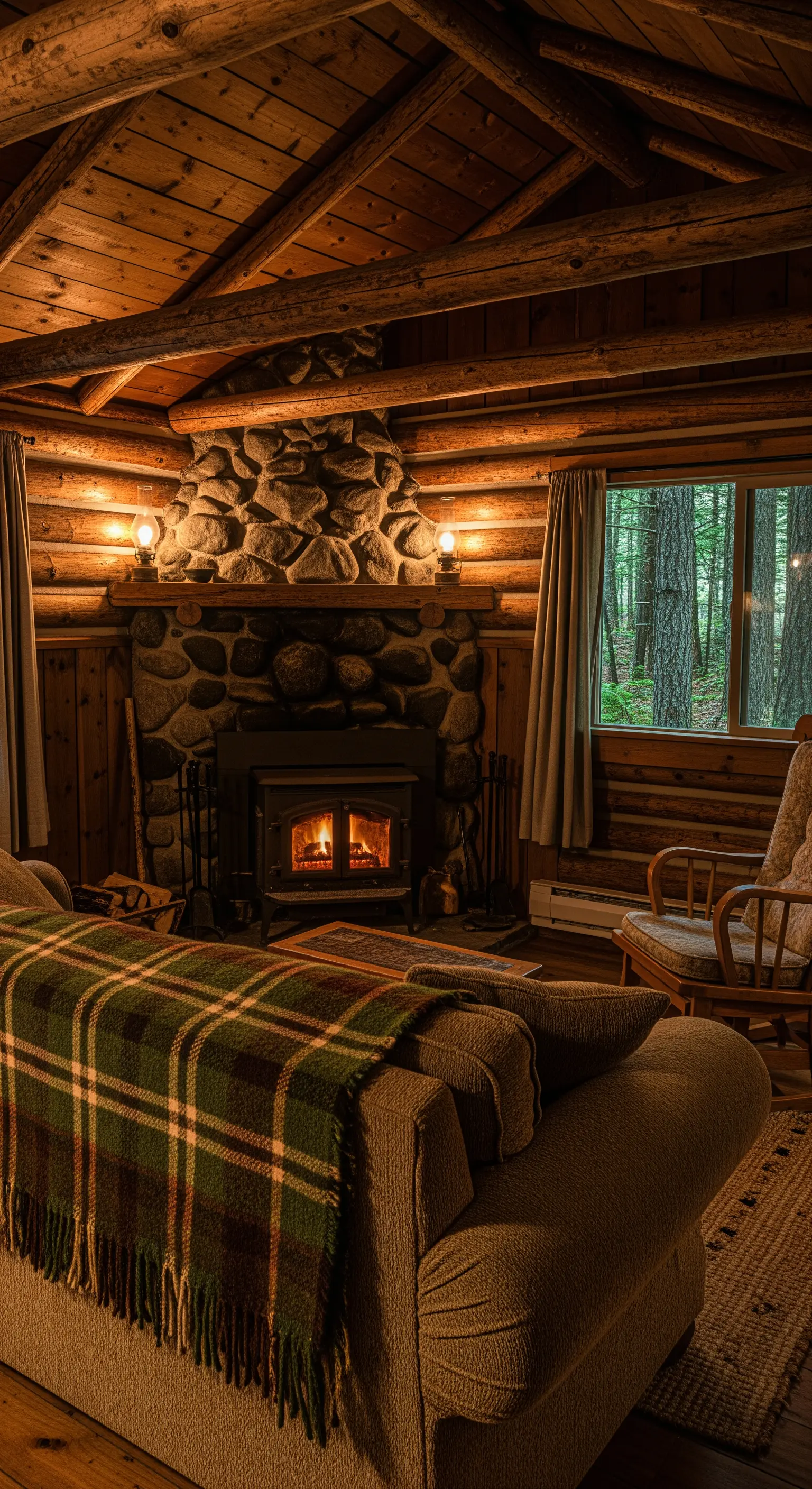 Interno di una baita in tronchi con camino in pietra e illuminazione calda