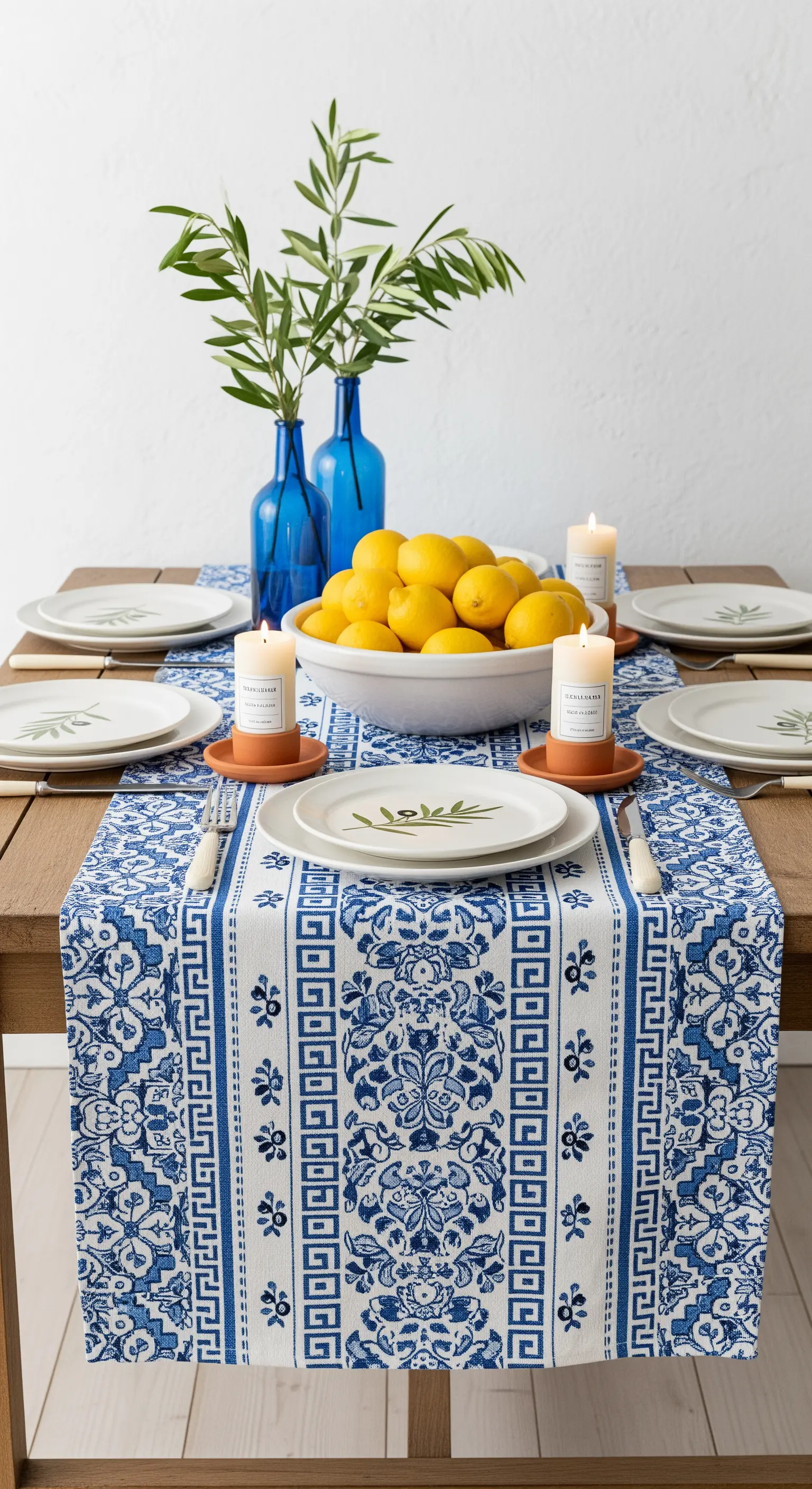 Tavola in stile greco con runner a greca blu, limoni freschi e rami d'ulivo