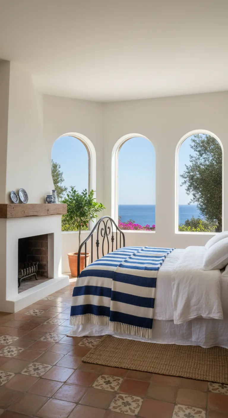 Camera da letto in stile mediterraneo con pavimento in cotto, finestre ad arco e plaid a righe blu.