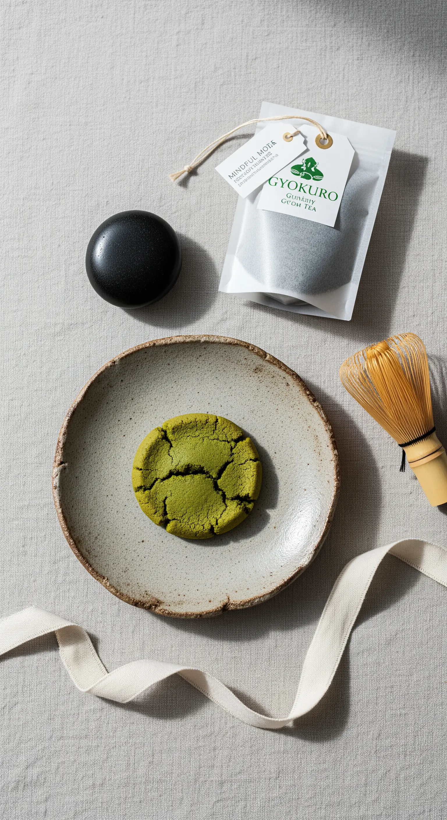 Biscotto al tè verde su un piatto di ceramica artigianale, con accessori per la cerimonia del tè.