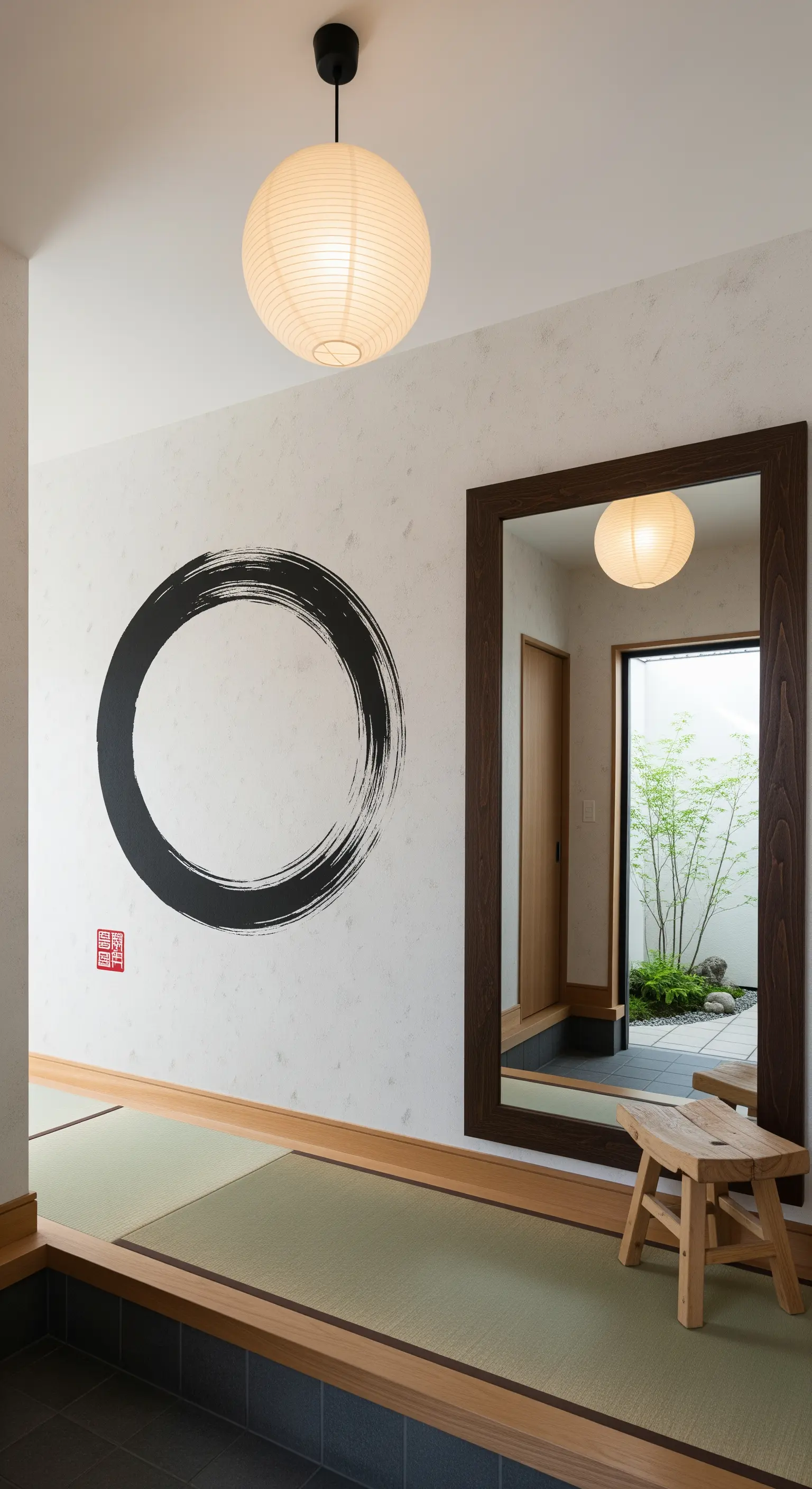 Ingresso in stile giapponese con murale del cerchio Ensō, specchio con cornice in legno e tatami.