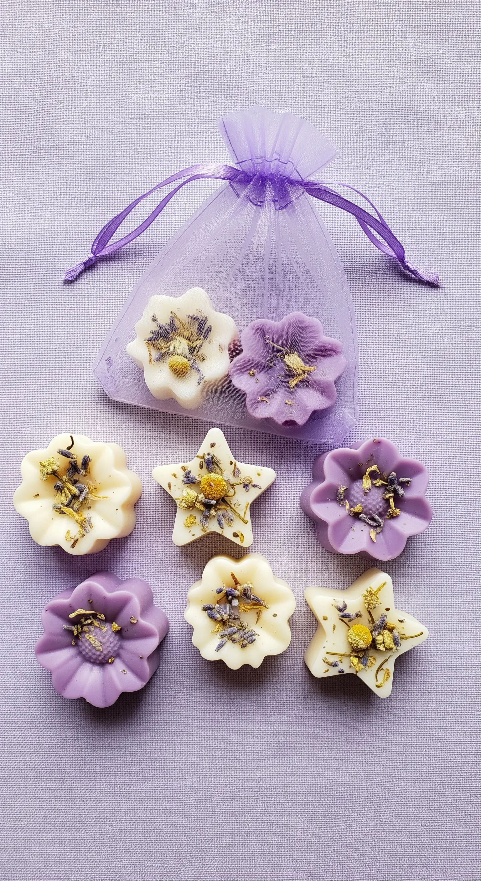 Cere profumate a forma di fiore con lavanda e camomilla secca