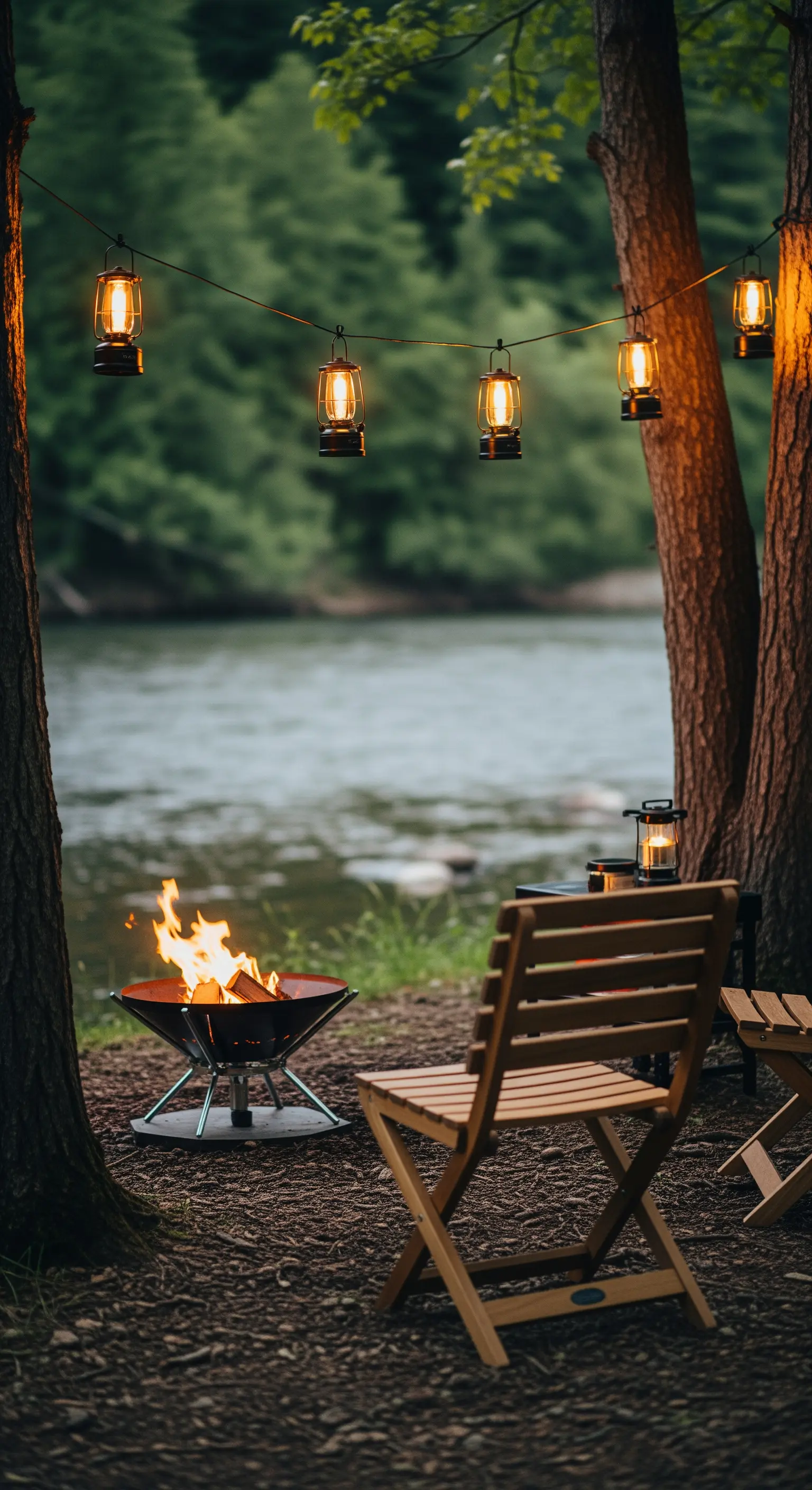 Braciere portatile e sedie pieghevoli in legno sulla riva di un fiume, con lanterne appese.