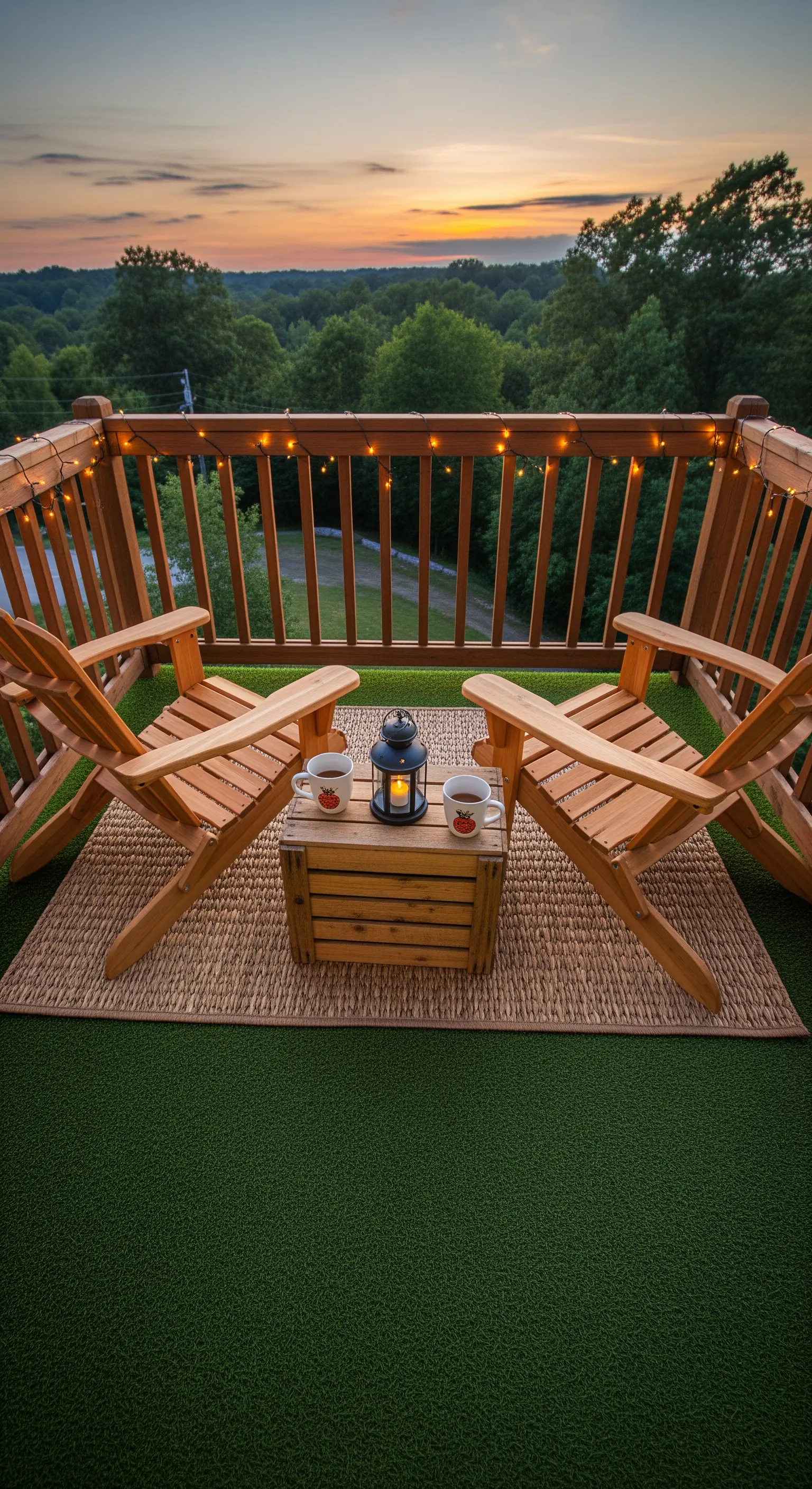 Due sedie in legno e un tavolino su un balcone con vista sul tramonto e luci a LED.