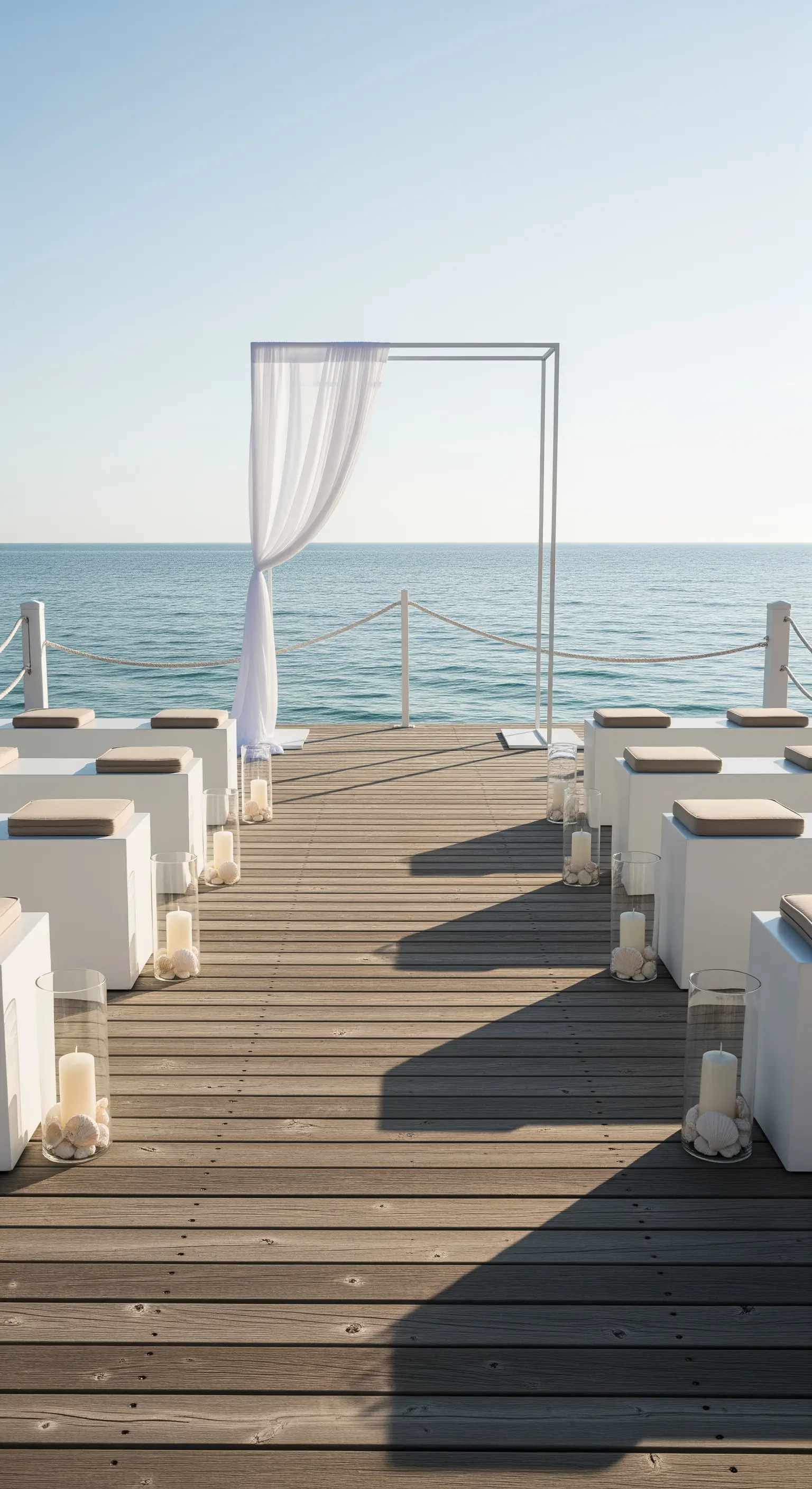 Allestimento minimalista per cerimonia su un molo di legno con sedute bianche.