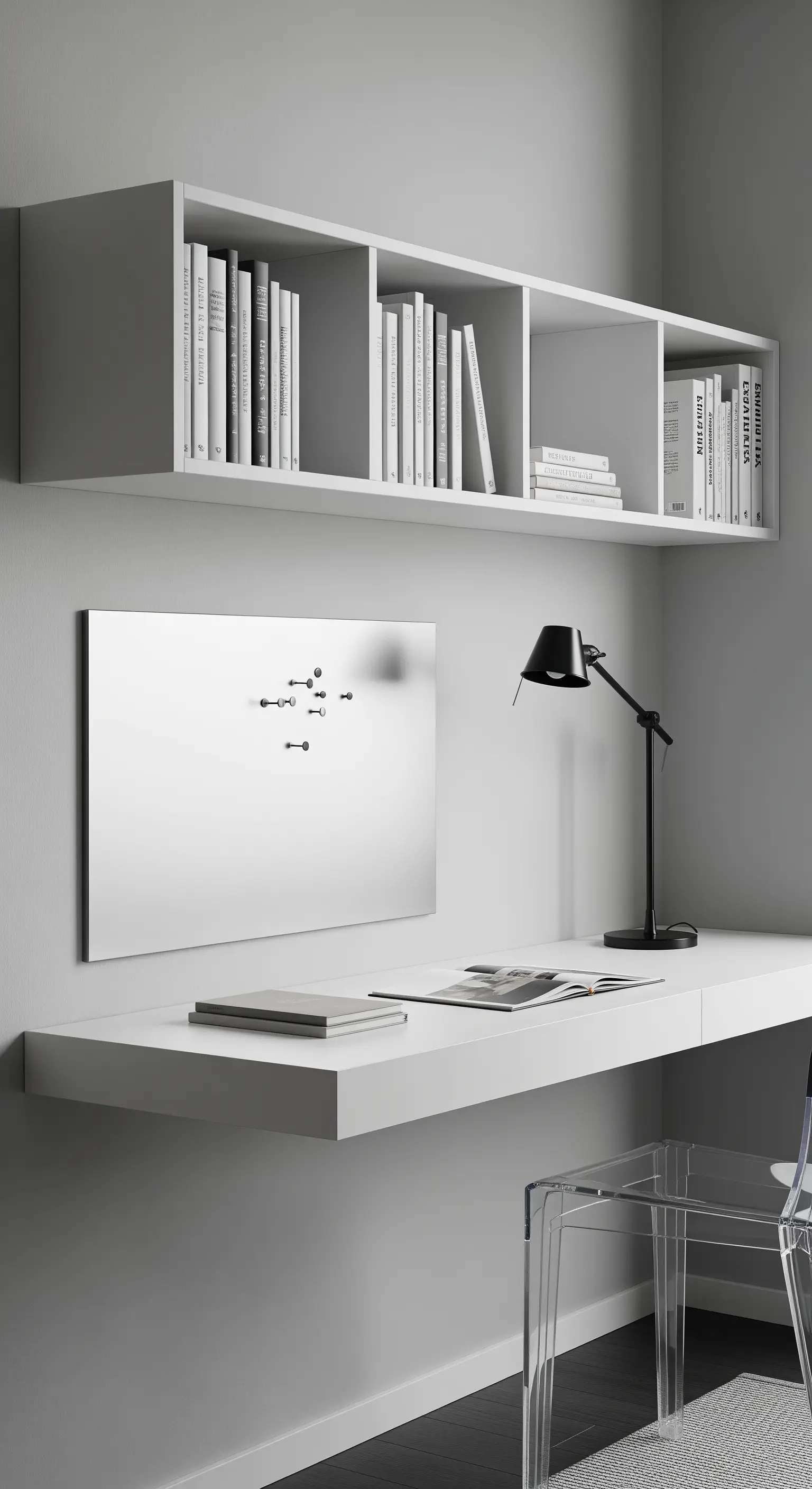 Scrivania bianca sospesa con mensola abbinata e lavagna magnetica metallica.