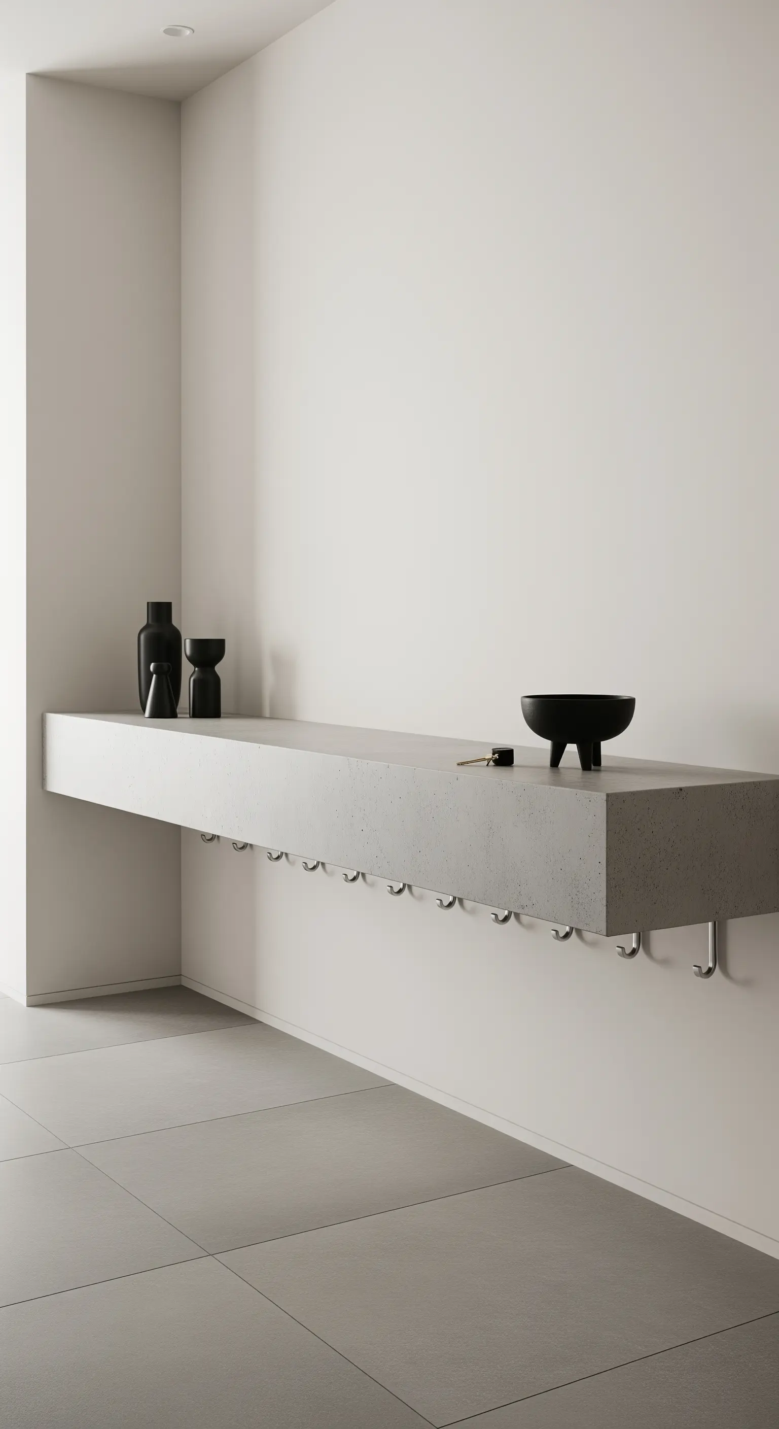 Mensola fluttuante in cemento con ganci appendiabiti in metallo integrati sotto.