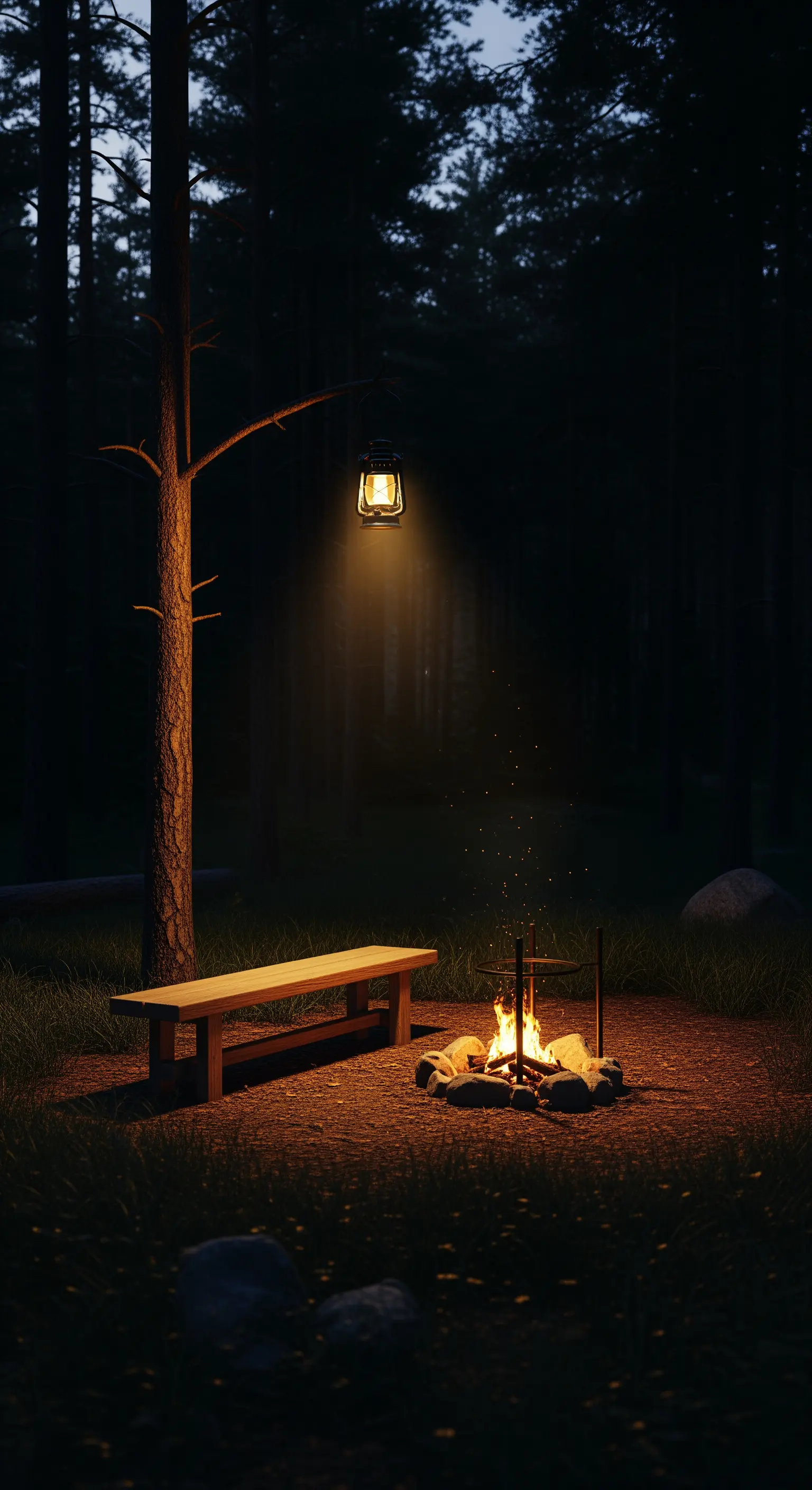 Una singola lanterna illumina una panca e un piccolo fuoco in una foresta buia.