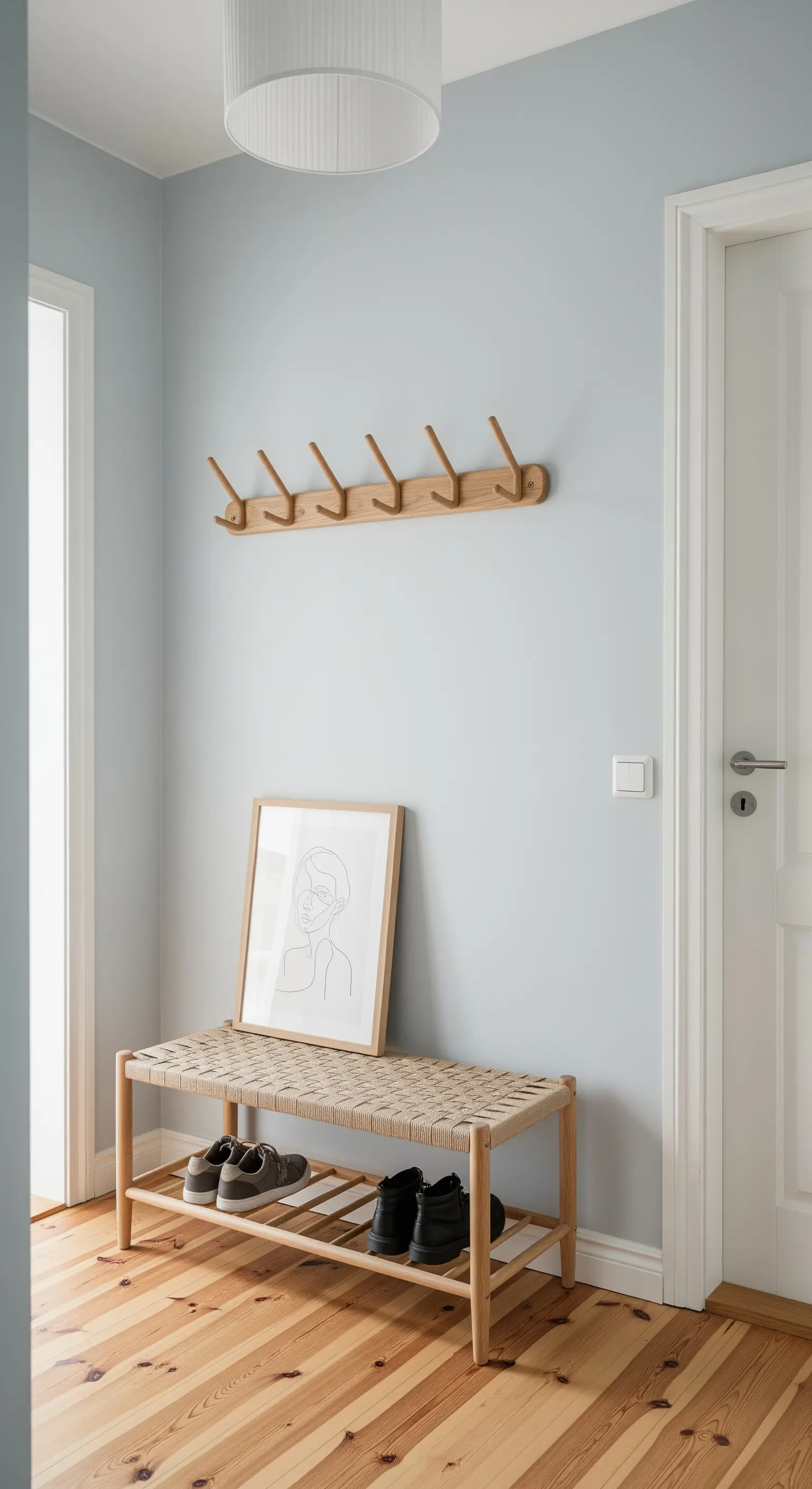 Ingresso minimalista blu-grigio con panca in legno e corda intrecciata.